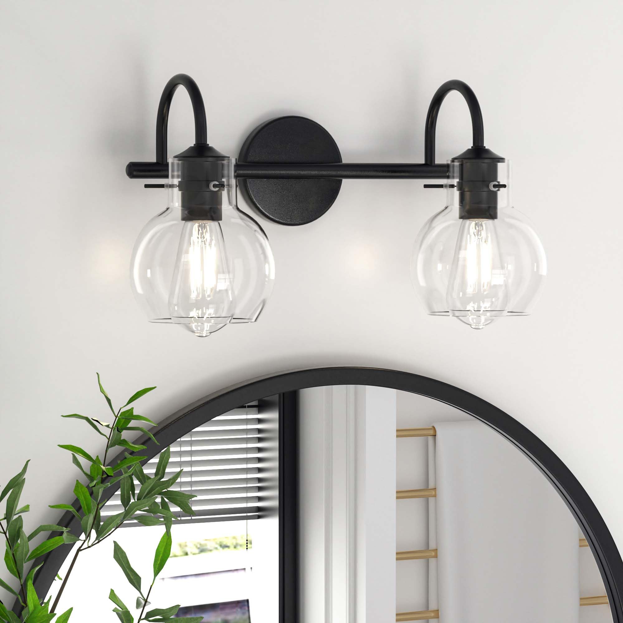 Paihome 2 Light Bathroom Light Fixture, Black Vanity Light For Bathroom Modern Wall Sconce Lighting Matte Black, Farmhouse Metal Wall Lamp With Globe Glass Shade, Wall Mount Light Fixture For Mirror