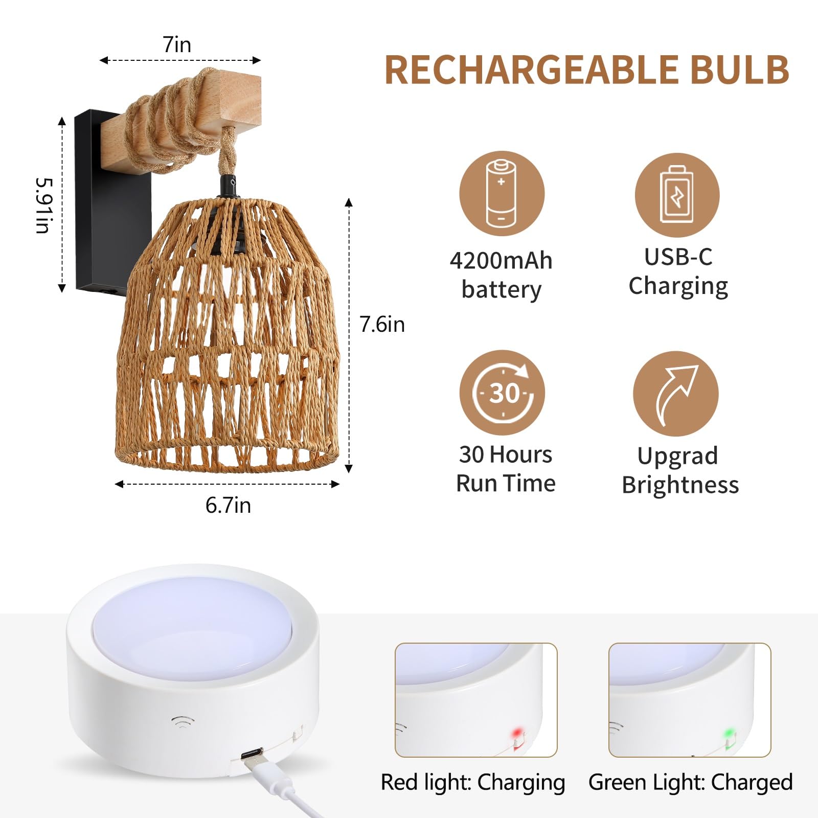 Espossi Rechargeable Wall Sconce, Battery Operated Wall Sconce With Remote Control, Boho Upgrade Rechargeable Rattan Wall Sconce, Wireless Wall Sconces Set Of Two For Bedroom, Living Room, Entryway