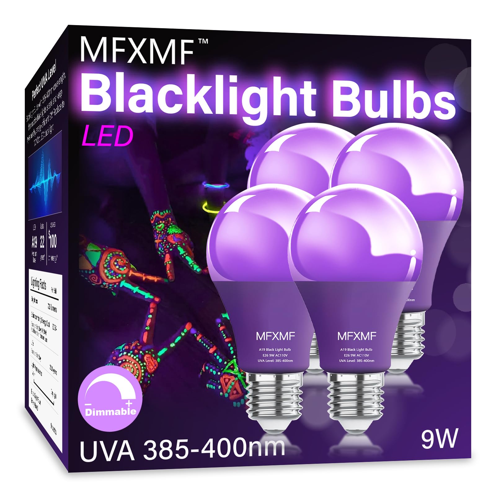 Mfxmf 4 Pack A19 Led Black Light Bulbs,9W (100W Equivalent) E26 Base Dimmable Black Lights, Uva Level 385-400Nm, Halloween Light