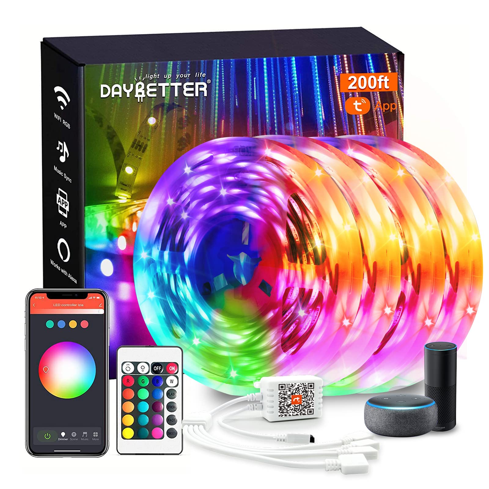 DAYBETTER Smart WiFi LED Strip Lights, Multicolor, 200 ft, Tuya App Controlled, Works with Alexa & Google Assistant