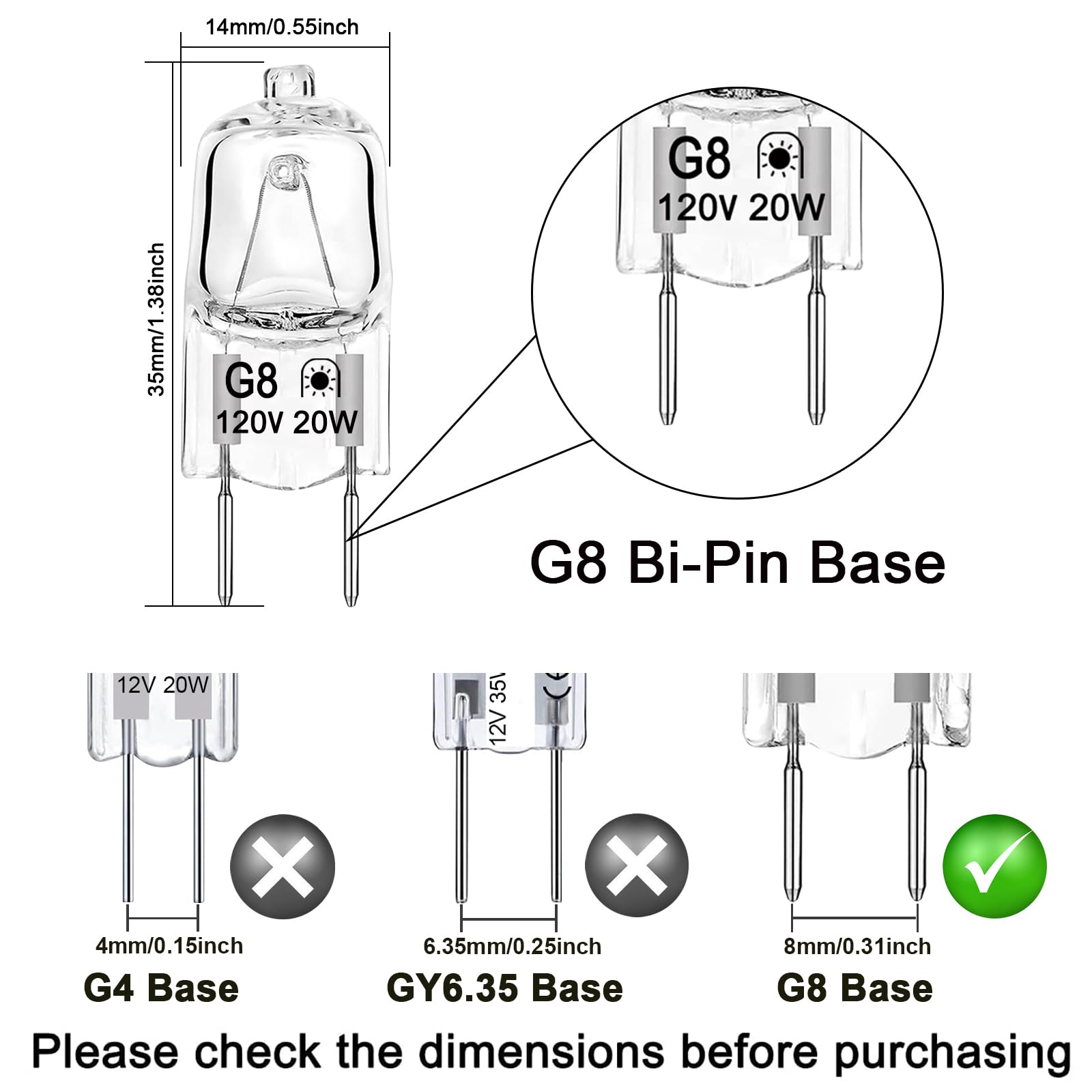 Gaormii G8 Halogen Light Bulbs 20W Dimmable Warm White 2700K T4 JCD Bi-Pin Base, 12 Count, 35mm Length