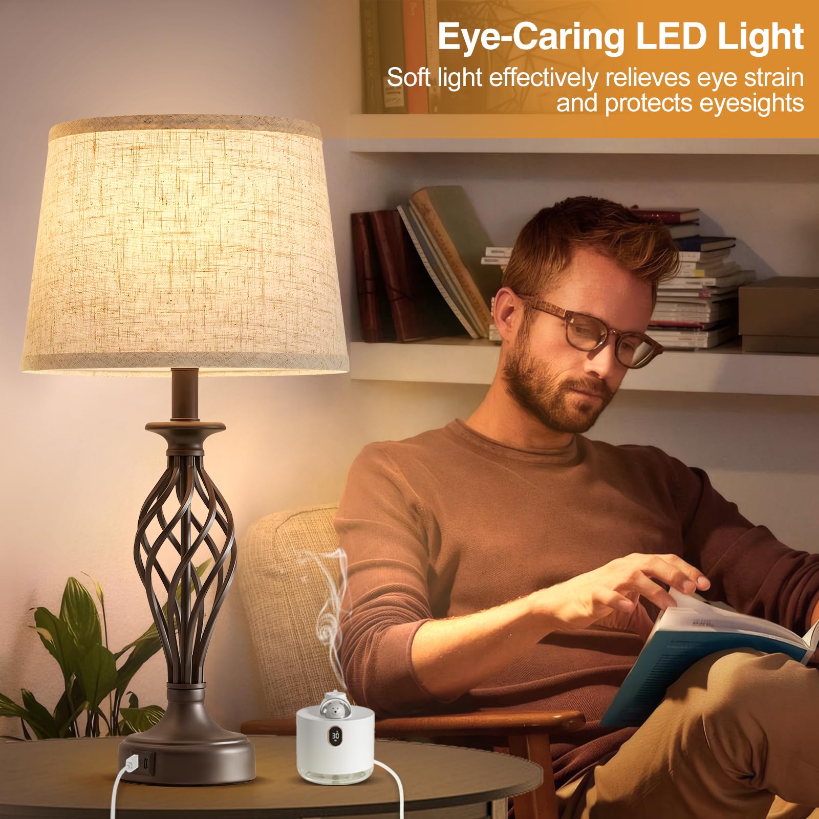 Table Lamp For Bedroom Set Of 2 With Usb C+A Ports - Modern Brown Bedside Lamps With Spiral Cage Base Fabric Shade - Nightstand