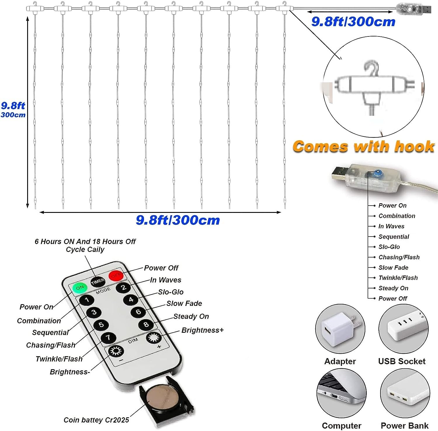 Honche Bright White Led Curtain String Lights With Remote For Wedding And Party Decorations