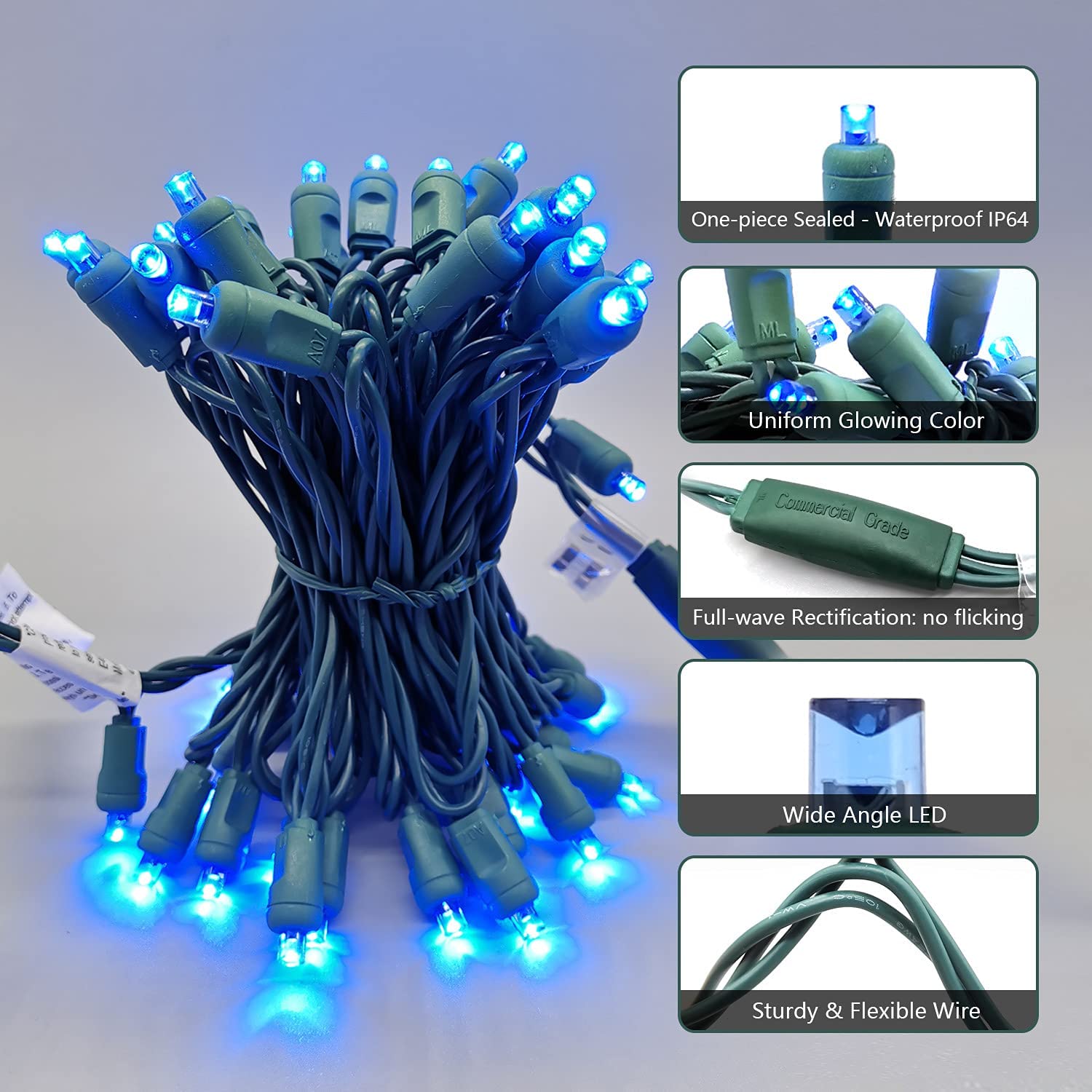 Yirunfa Christmas String Lights, 50 Blue LED, 17ft Green Wire, Indoor/Outdoor Use, Model DL5-50-02-B