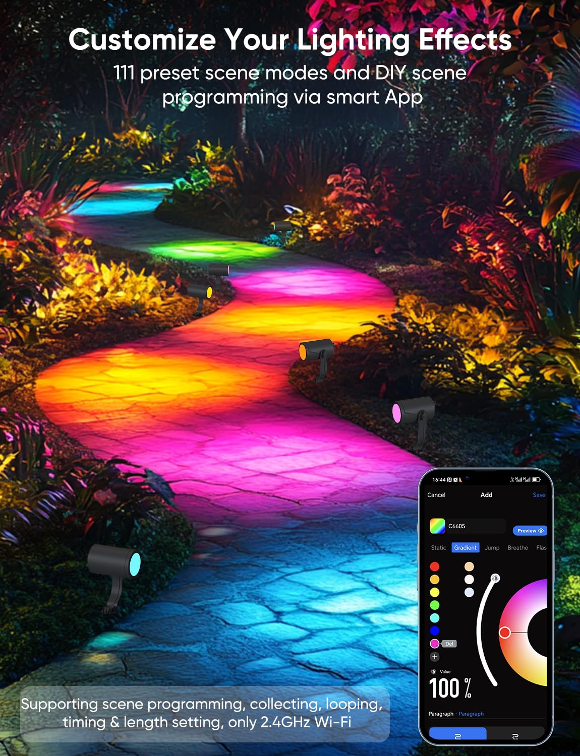 APPECK Smart Landscape Lighting Kit, 6 Pack RGBCW Outdoor Spotlights, IP65 Waterproof, Black, Model C6605-D