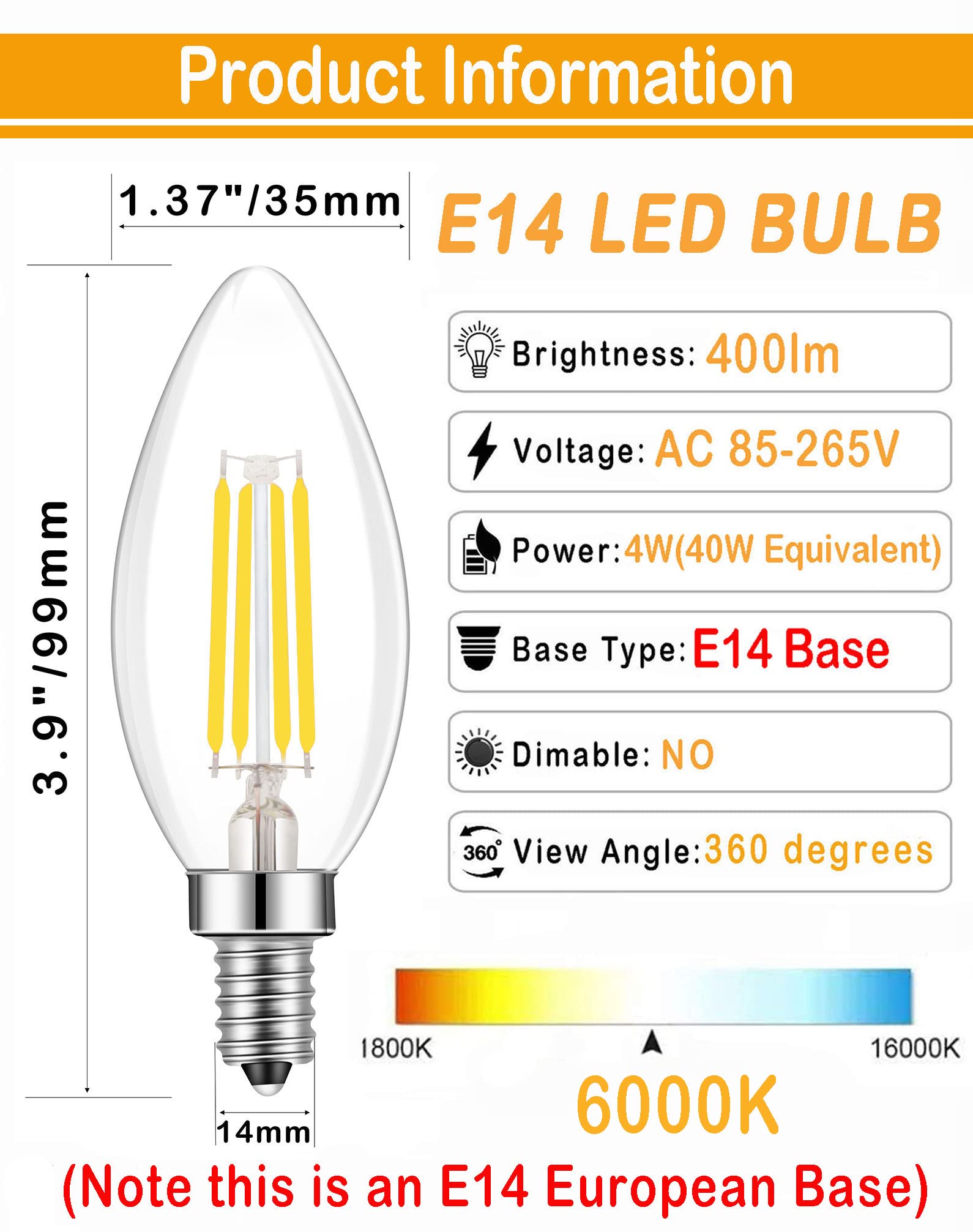Lamsky E14 Led Filament Bulb, 4W Daylight 6000K, Vintage C35, 4-Pack