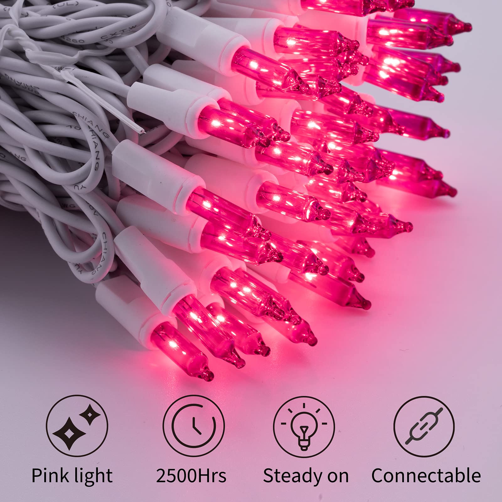 Christmas Pink Mini String Lights - 100 Count 25 Feet Detachable Incandescent Bulb Waterproof Fairy Lights Plug in for Indoor Ou