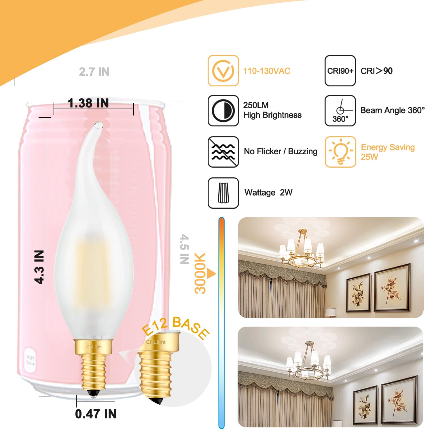 Crlight 2W Led Candelabra Bulb 3000K Soft White 25W Equivalent 250 Lm, E12 Dimmable Led Chandelier Bulbs, Antique C35 Frosted Candle Flame Shape Bent Tip, 6 Pack