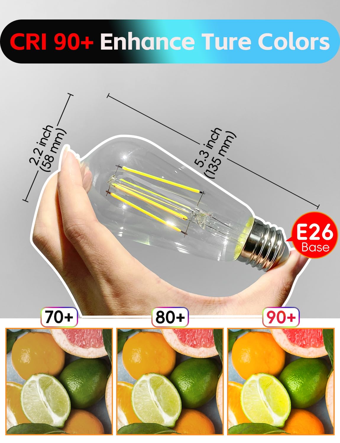 Jensense Edison Bulbs 6W E26 Led Bulb 60 Watt Equivalent, Vintage Led Light Bulbs Cri90+ St19, Dimmable Clear Light Bulbs, 5000K