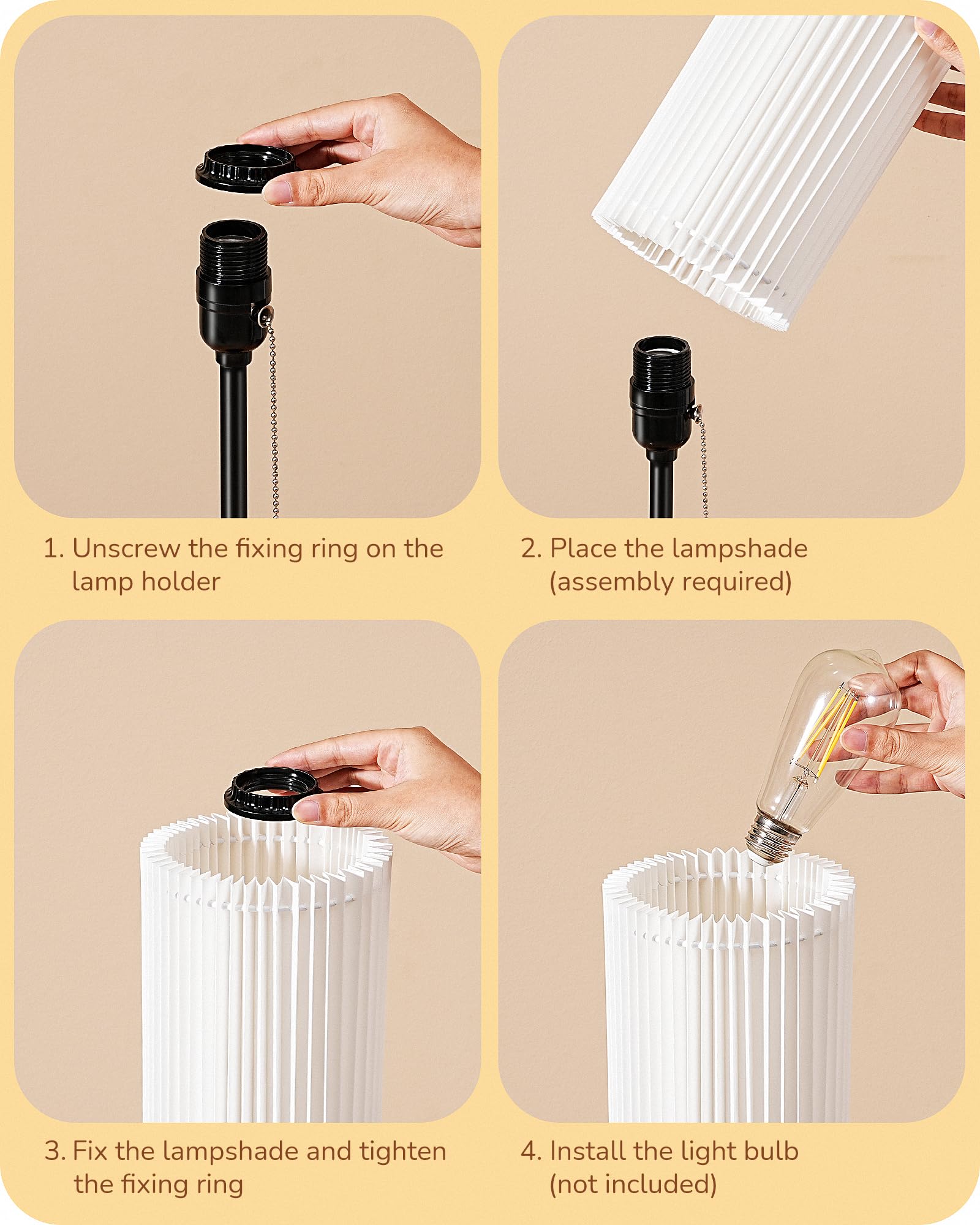 Edishine 19.09'' Modern Table Lamp, Cylindric White Paper Origami Lampshade, Boho Bedside Lamp With Pull Chain Switch & Metal Ba