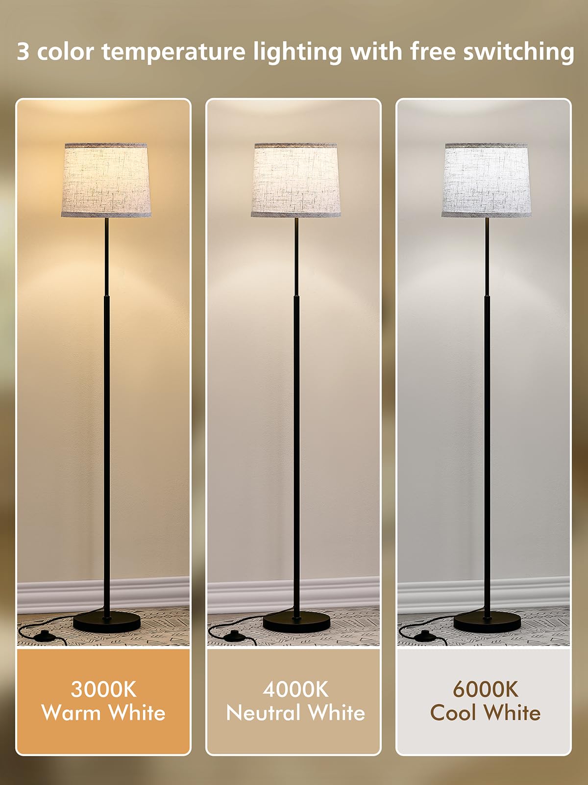 Hikczc 60in Modern Floor Lamp, Black Metal with Oatmeal Linen Shade, A19 9W Bulb, Foot Switch Control, Model H-1F-102