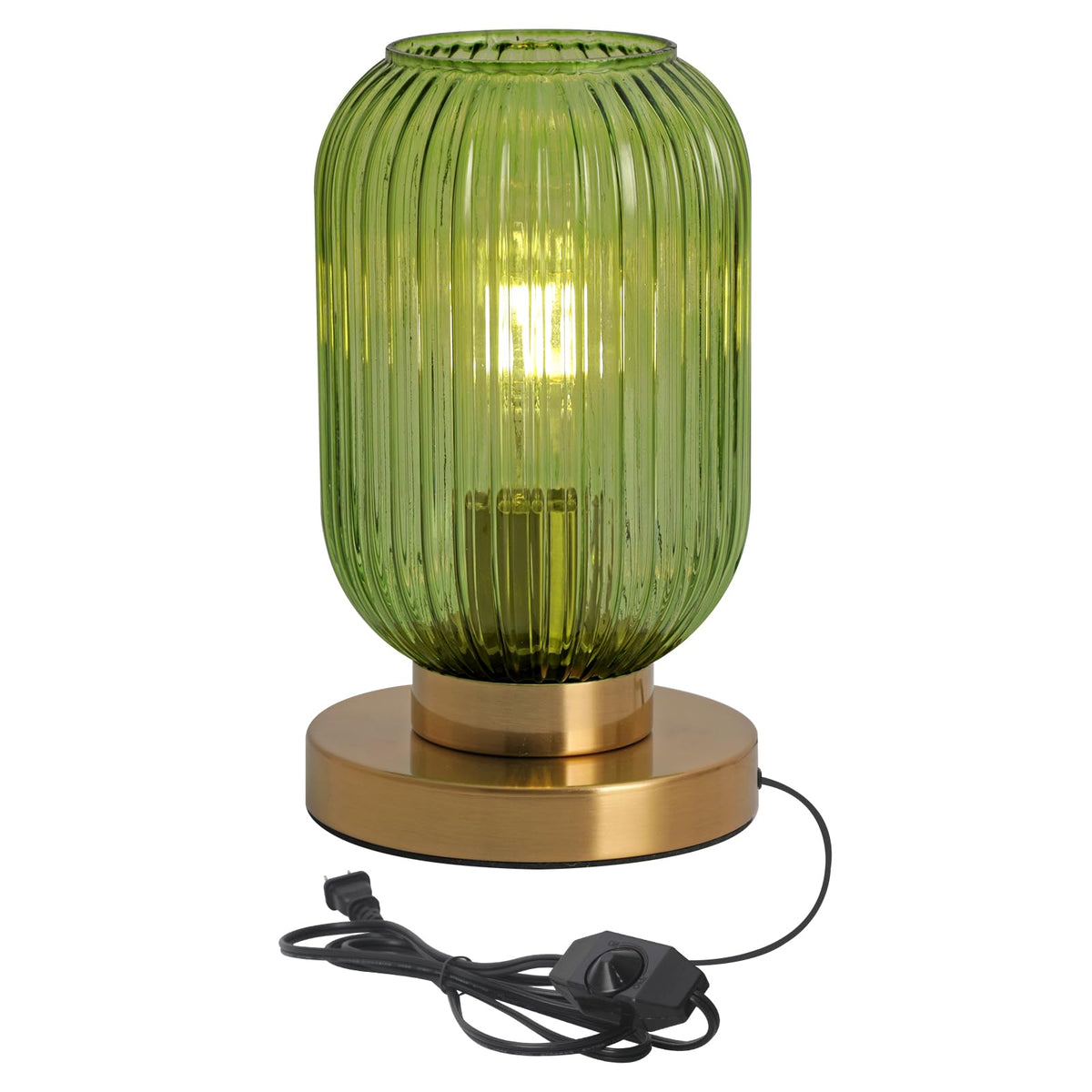 Green Table Lamp Dimmable Ribbed Glass Bedside Table Lamp Modern Globe Table Lamp Small Vintage Nightlight Lamp Mid Century Nigh