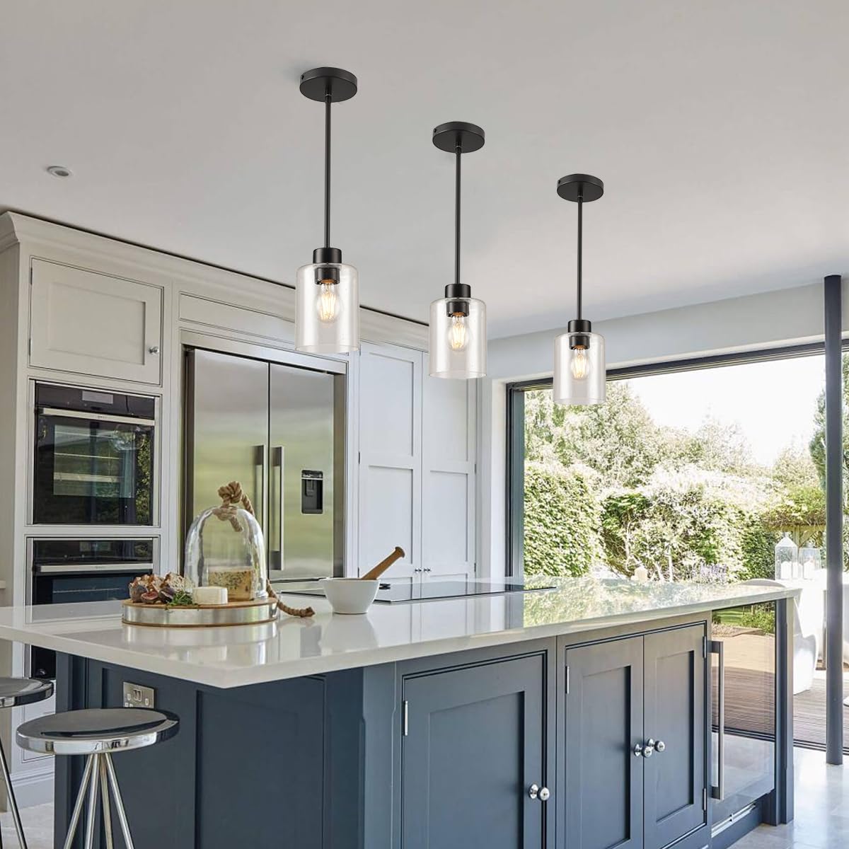 KLSS Black Pendant Lights - Seeded Glass Fixture, 12in & 4in Rods, 2 Pack, Metal