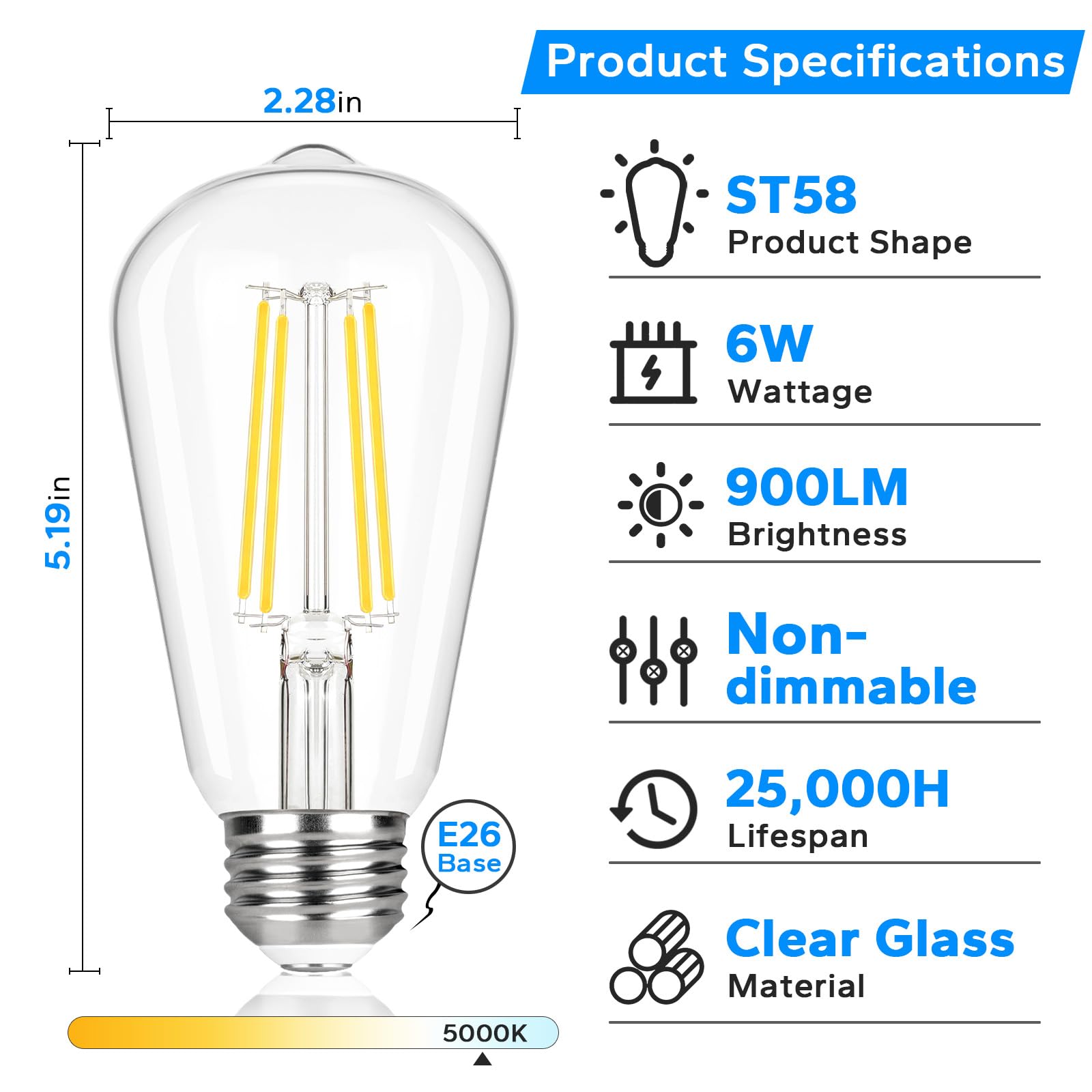 12-Pack Vintage Led Edison Bulbs 60W Incandescent Equivalent, St58 Led Light Bulbs 5000K Daylight White 6.5W, 900Lm High Brightn