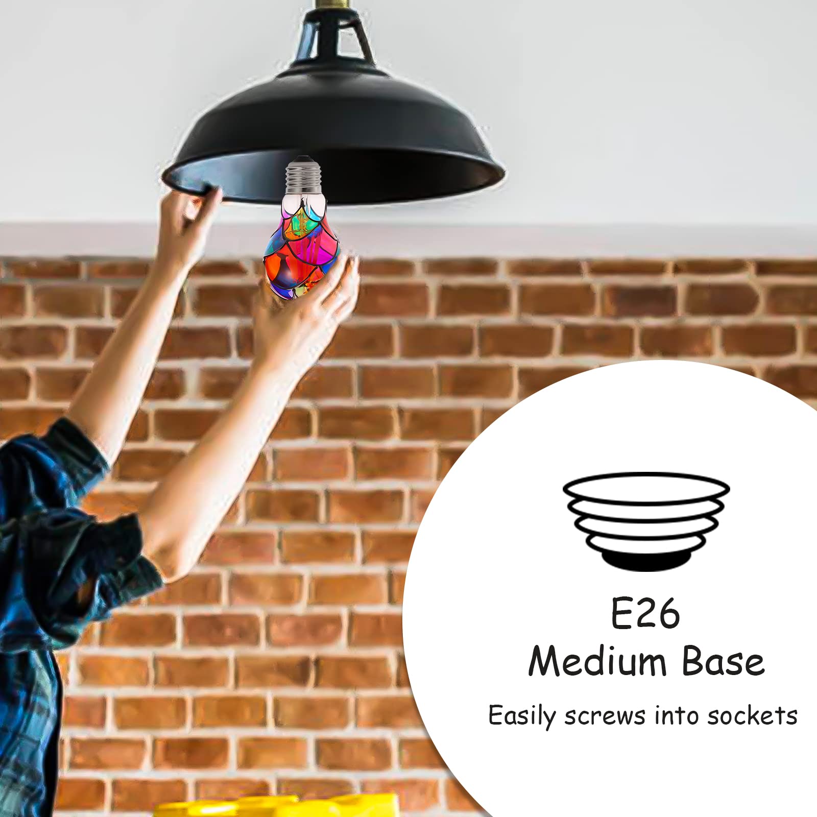 VALUCKY Stained Glass LED Bulb, E26 Base 6W A19, Colorful Non-Dimmable Light for Party, Christmas, Halloween, 2 Pack