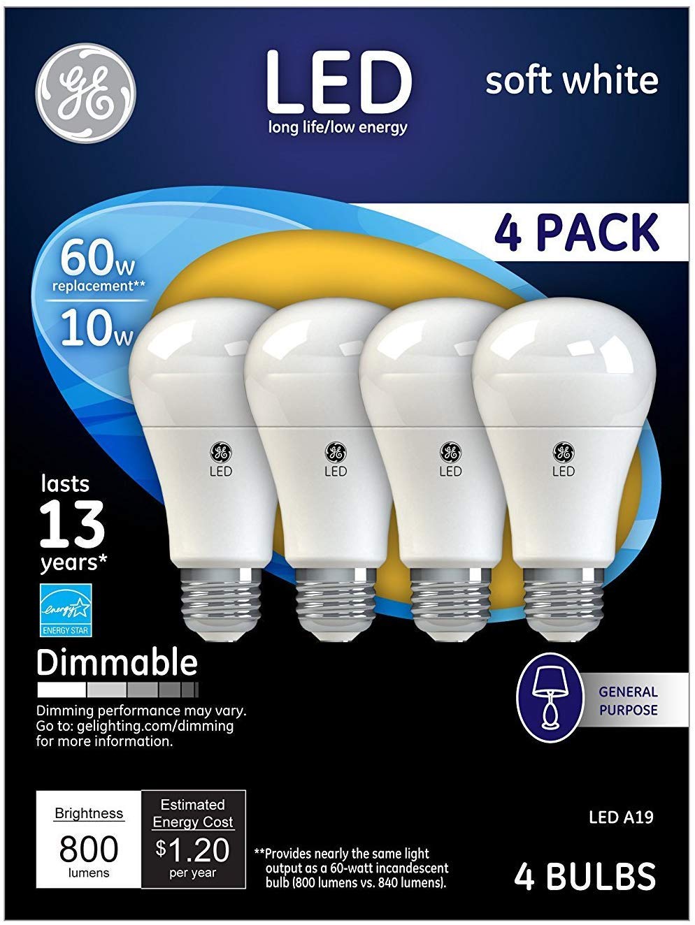 Ge 67615 Led Soft White A19 Dimmable Light Bulb, 10 W, 4/Pack