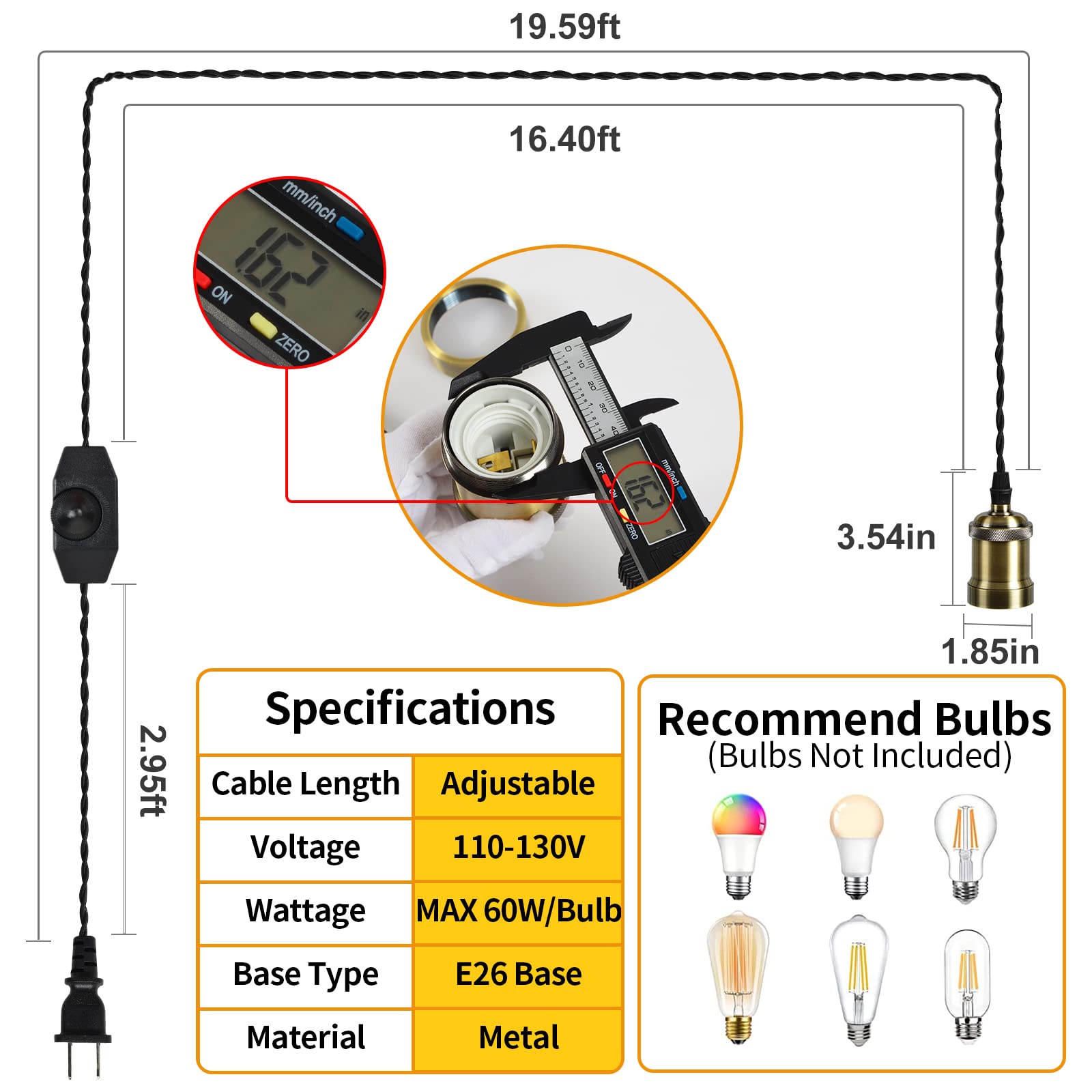 Plug In Pendant Light Cord Hanging Light Kit With Dimmer Switch,Farmhouse Hanging Lights19.69 Ft Power Cord Length,Hemp Rope Plu