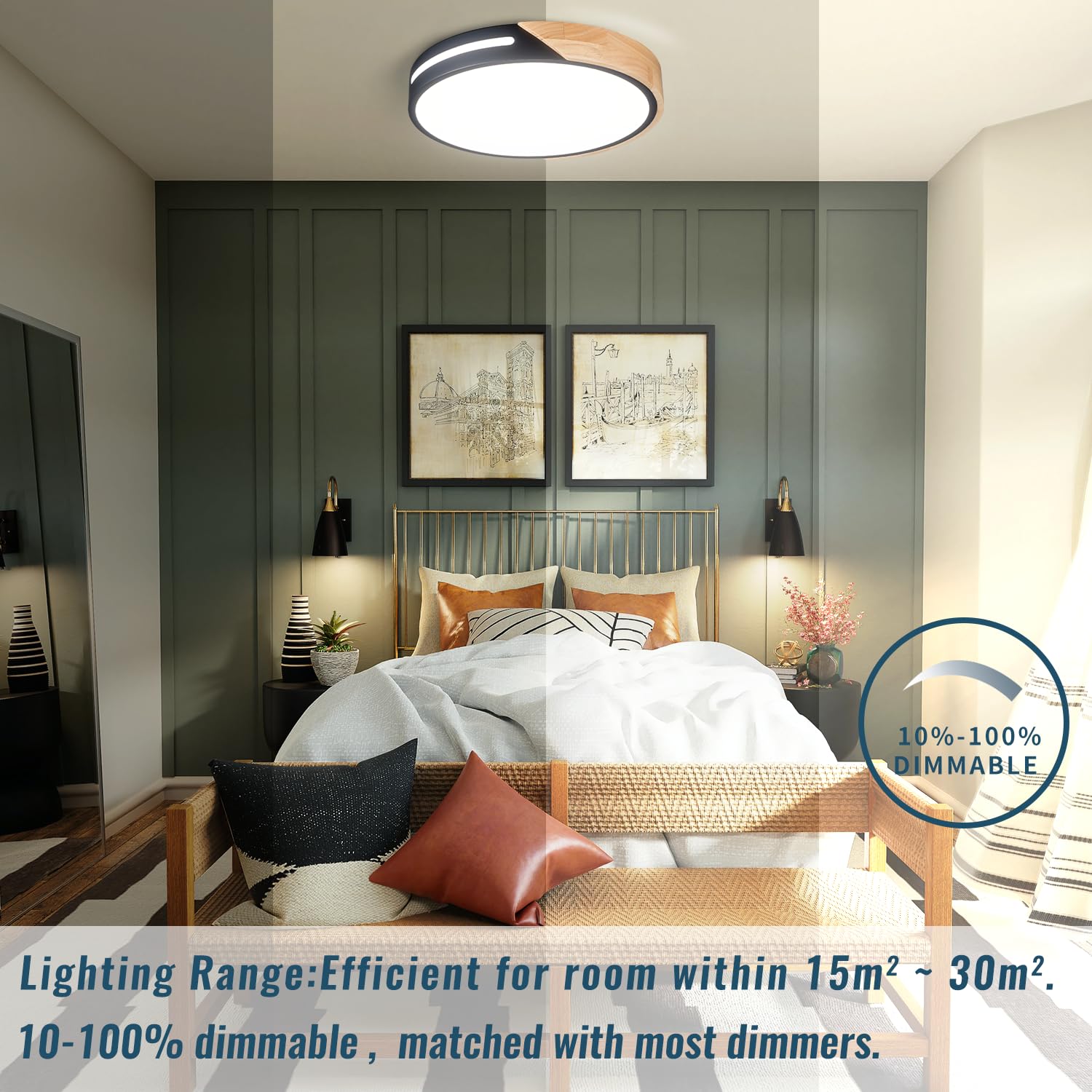 Wheatronic Black And Wood Flush Mount Ceiling Light Fixture Set Of 2, Dimmable Led Ceiling Light Black, Modern Light Fixture Cei