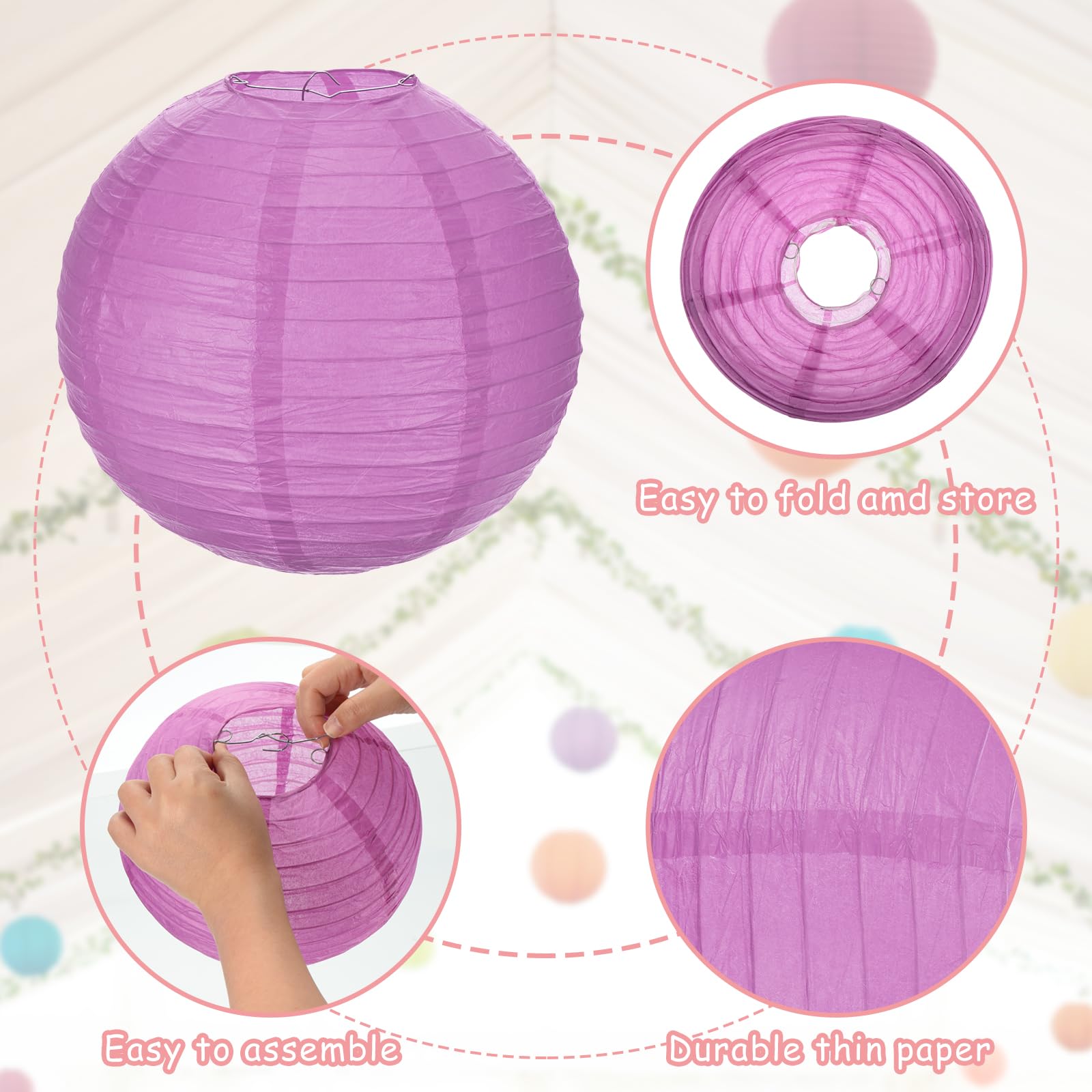 Meccanixity 6Pcs Paper Lanterns Decorative, 6'' 8'' 12'' Purple Round Hanging Lantern Chinese Lanterns For Home Decor, Birthday,
