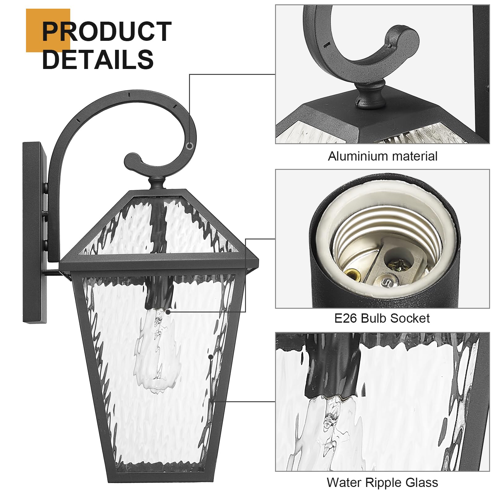 Luminzone Outdoor Wall Lantern, Waterproof, Large, Matte Black, Model 7H1B-M WH, Water Ripple Glass, 1 Pack