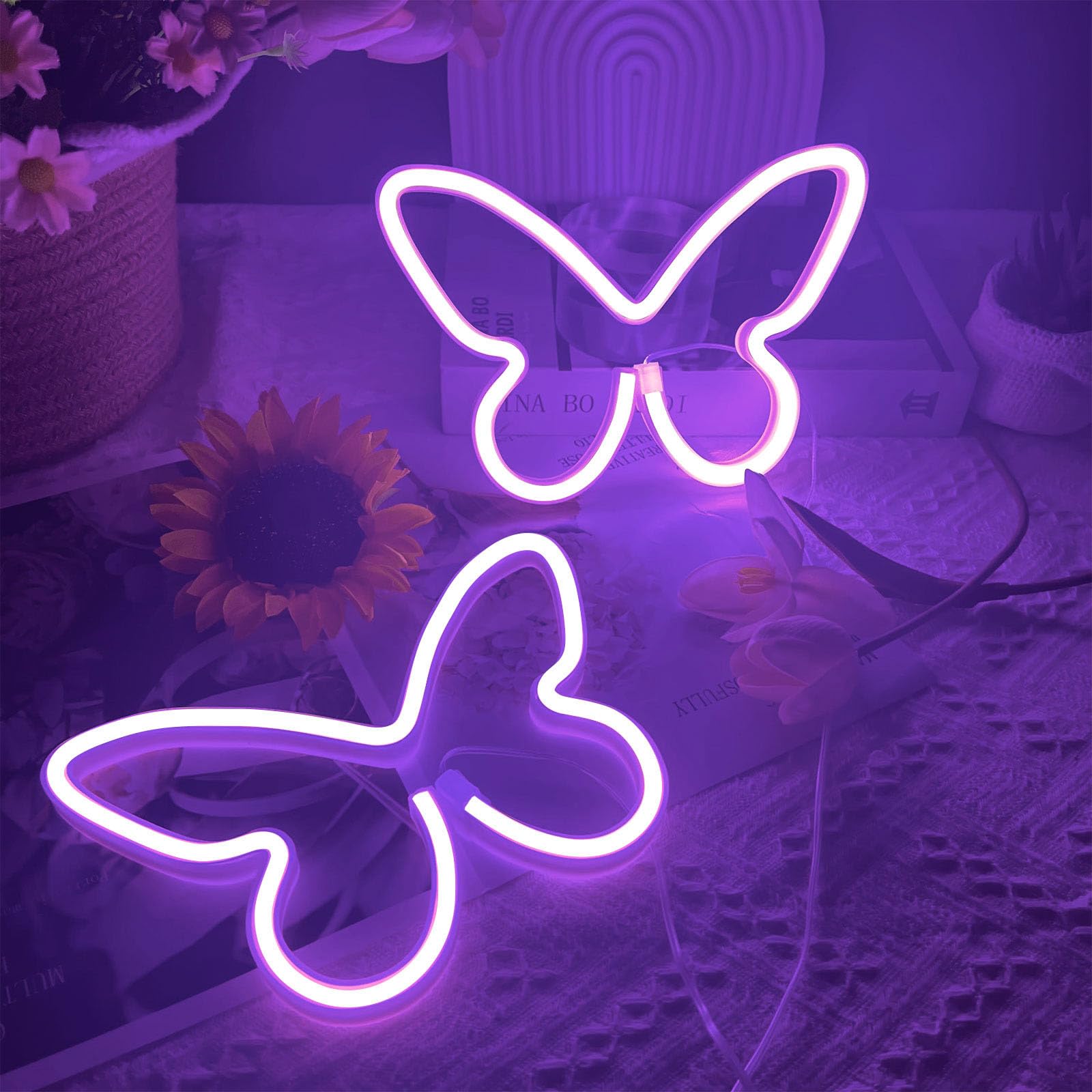 BerniceKelly Butterfly Neon Signs - Purple LED Light for Bedroom, 6.7 x 9.1 inches, USB/3AA Battery, Silicone Material
