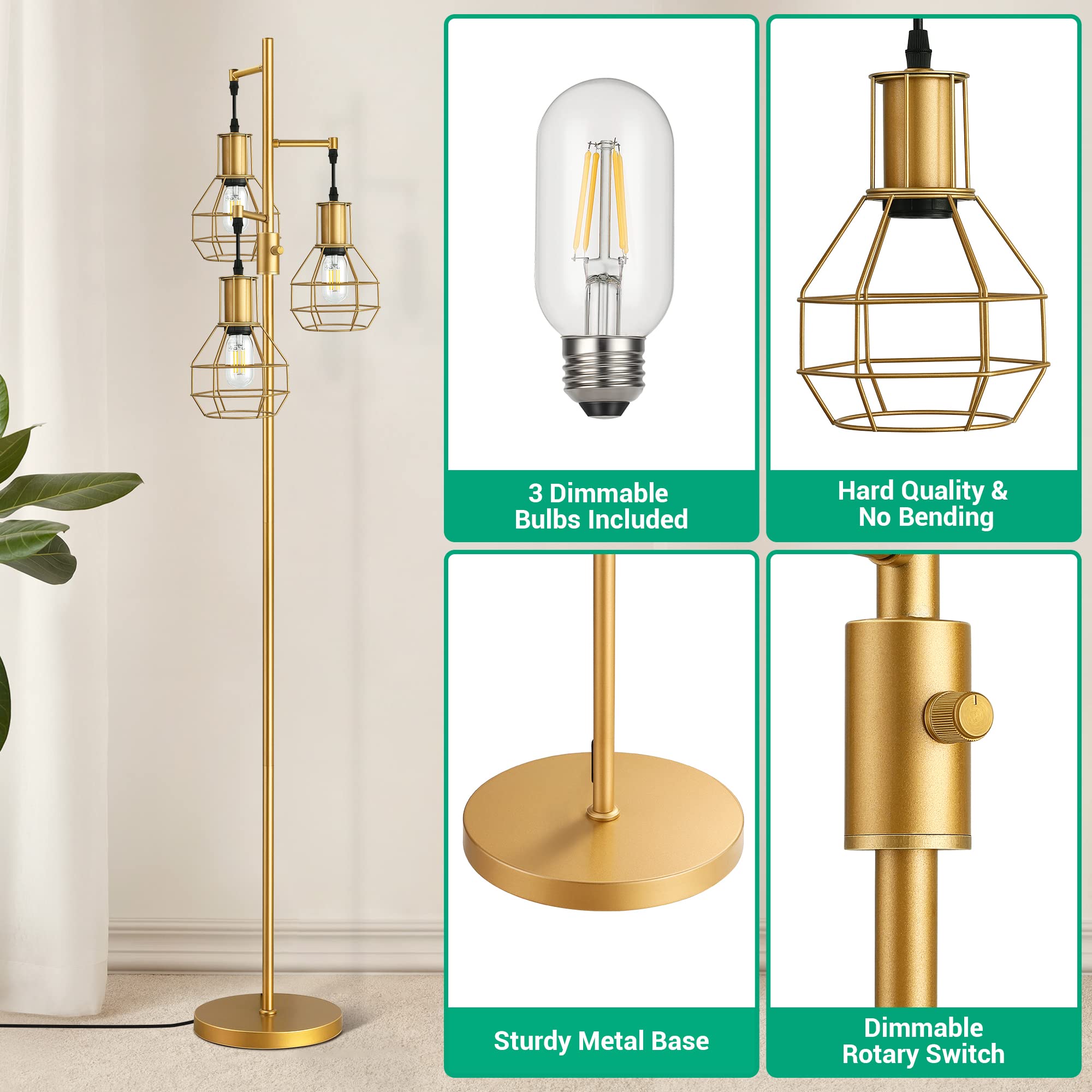 EDISHINE Industrial Dimmable Floor Lamp, Gold Metal Design with 3 LED Edison Bulbs, Modern Tall Corner Lamp for Living Room, Model HFLG03G