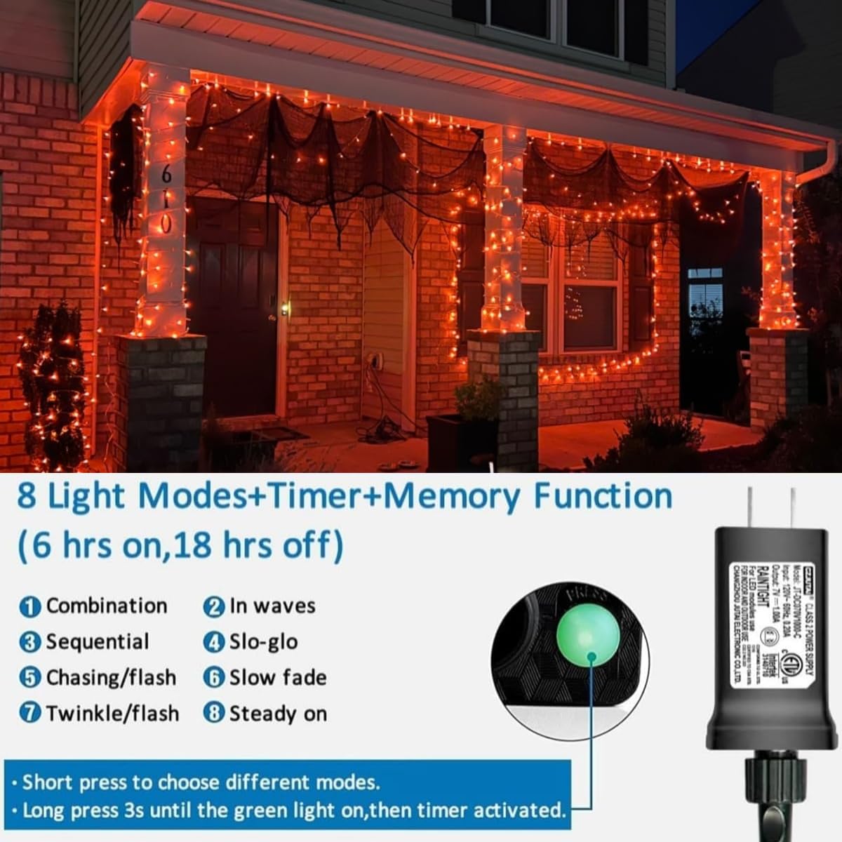Yeguo Orange Lights For Halloween Outdoor, 165Ft 500 Led String Light Indoor