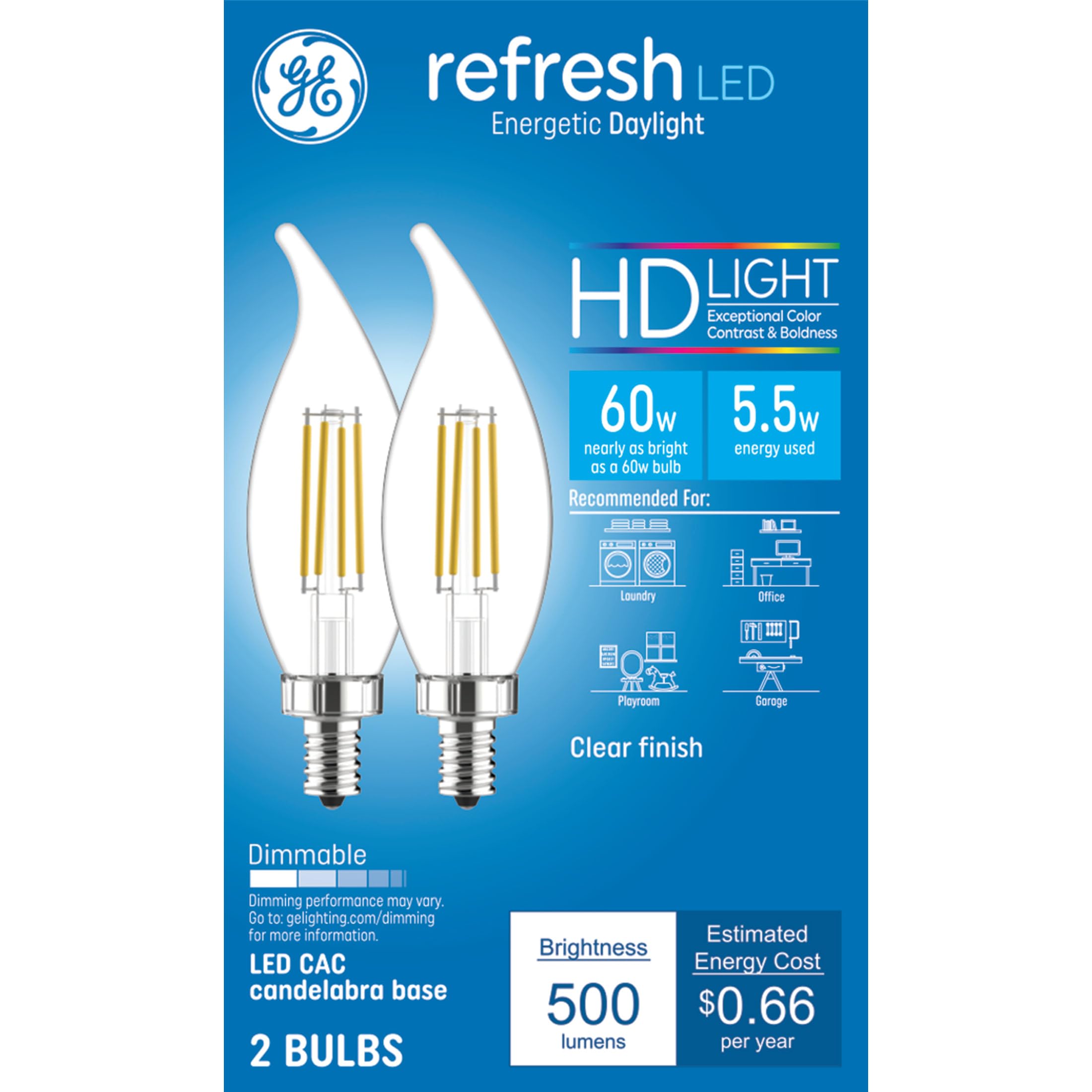 Ge Refresh Hd Led Light Bulbs, 60 Watt, Daylight, Decorative Bulbs, Clear, Small Base (2 Pack)