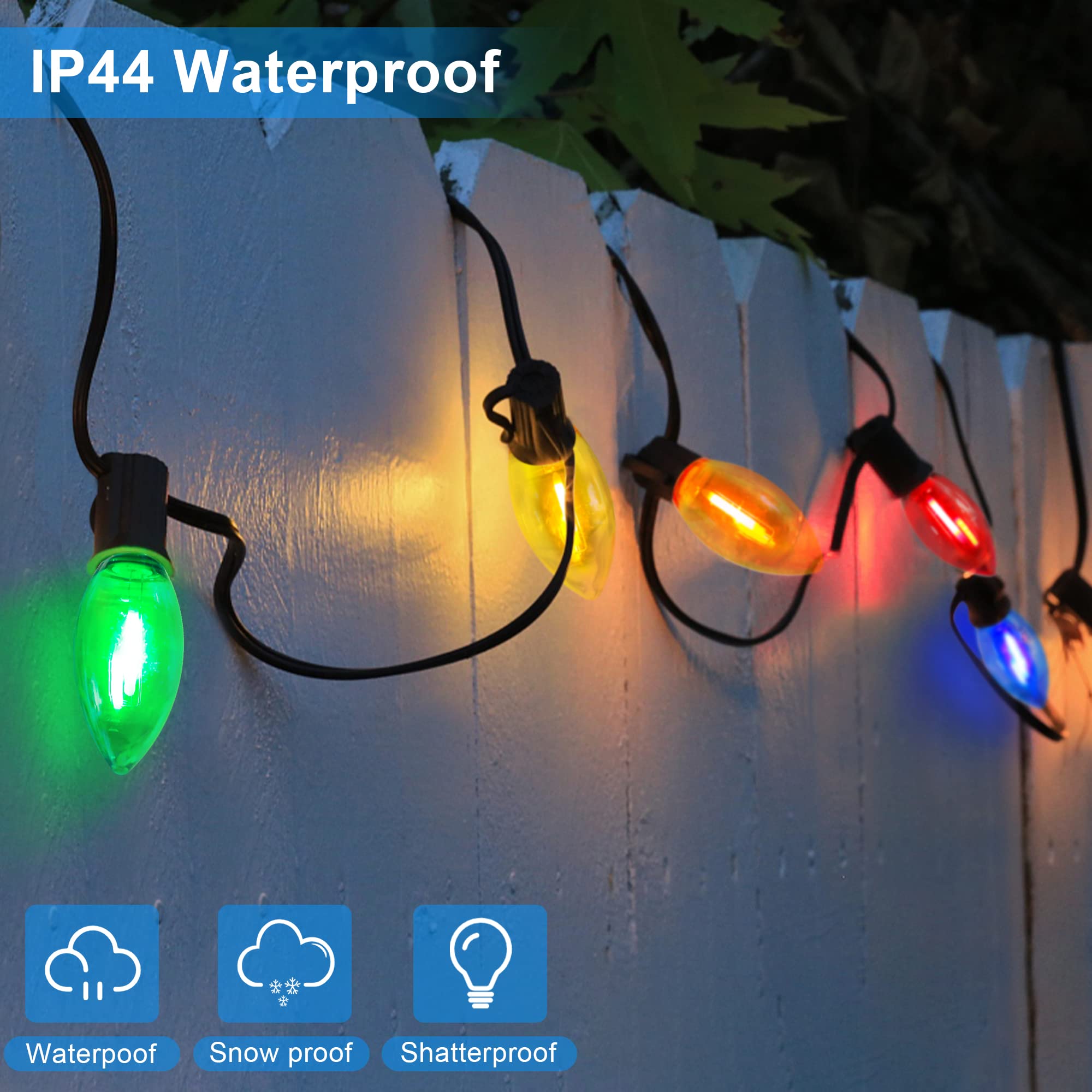 Neanete C9 Outdoor LED String Light Bulbs, Shatterproof, 25 Pack, Multicolor Plastic, E17 Base, 1W Equivalent