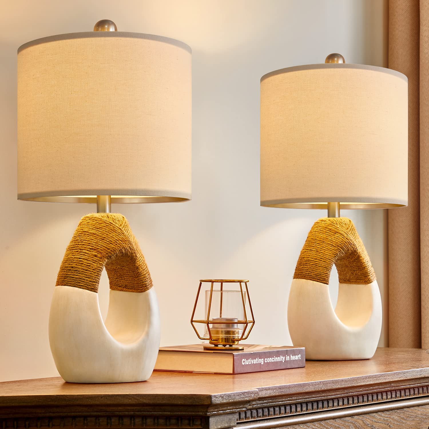 OYEARS Boho Table Lamps Bedroom Living Room Set 2 Small Farmhouse Rattan Table Lamp 19?ustic Home Decoration Nightstand Bedside 