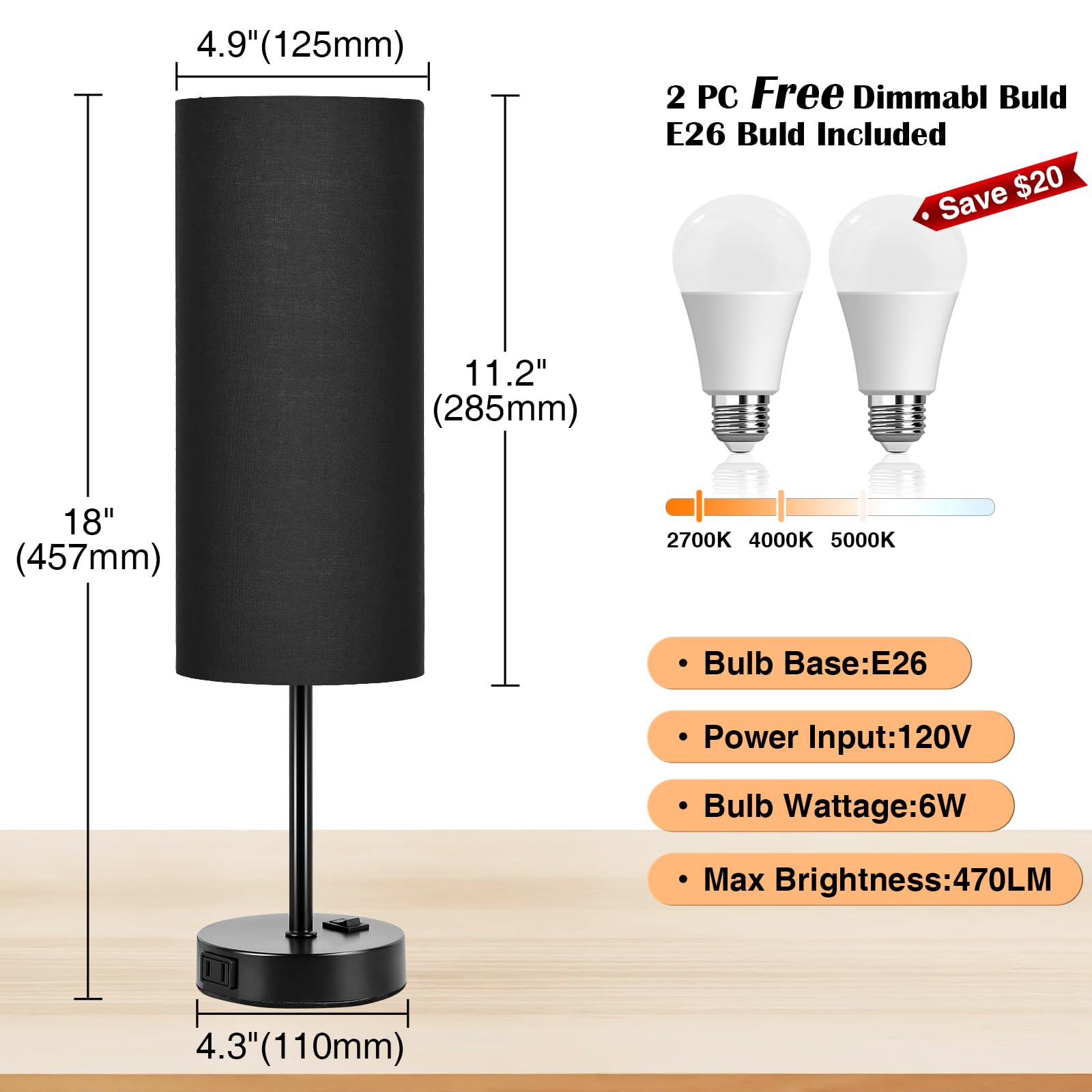 Zjojo Table Lamp For Bedroom 2 Pack,18In Bedside Lamps With 3 Way Dimmable Rocker Switch & Ac Outlet,Nightstand Desk Lamp With B