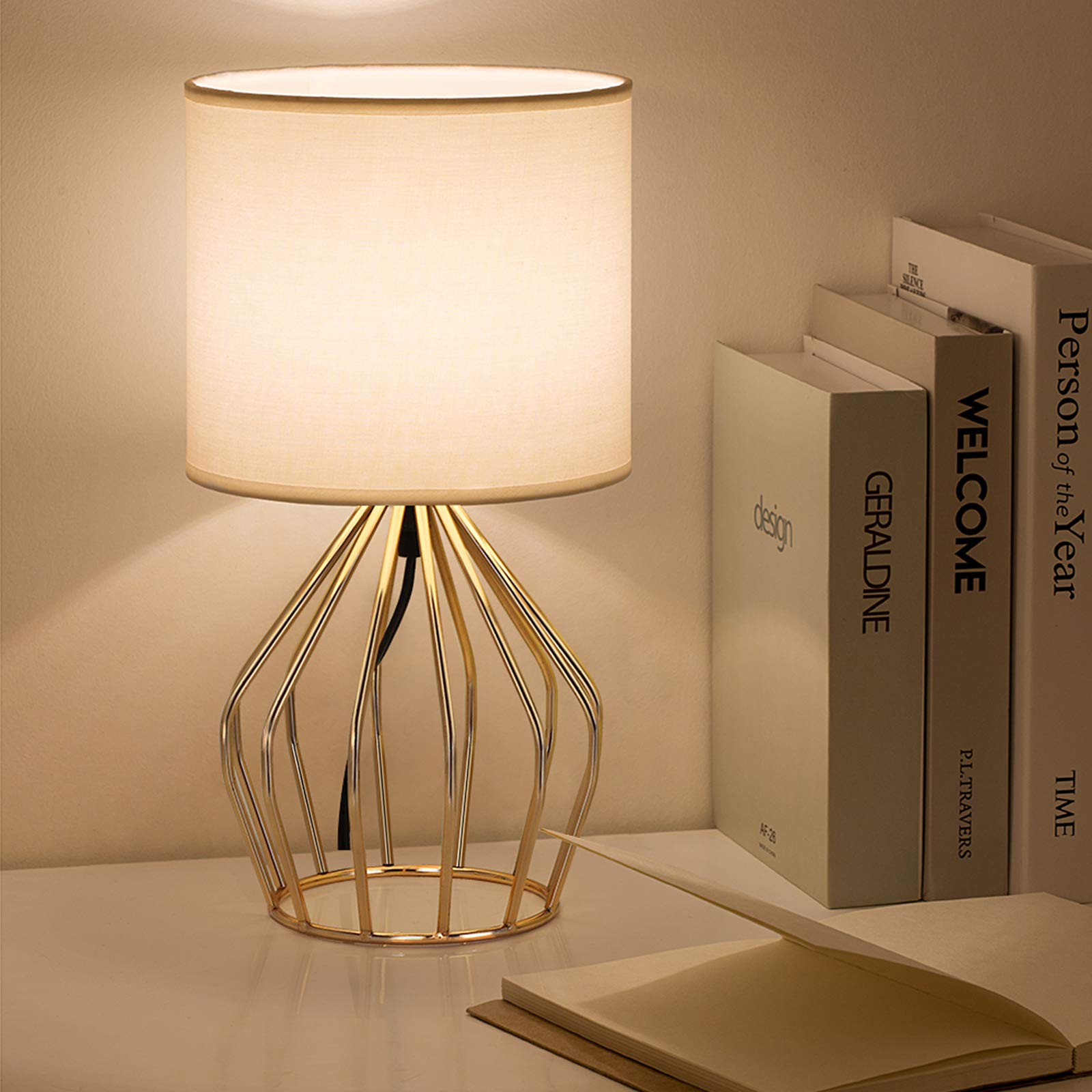 Haitral Gold Table Lamp - Modern Style Desk Lamp With Hollowed Out Base Linen Fabric Shade, Small Golden Bedside Lamp For Bedroo