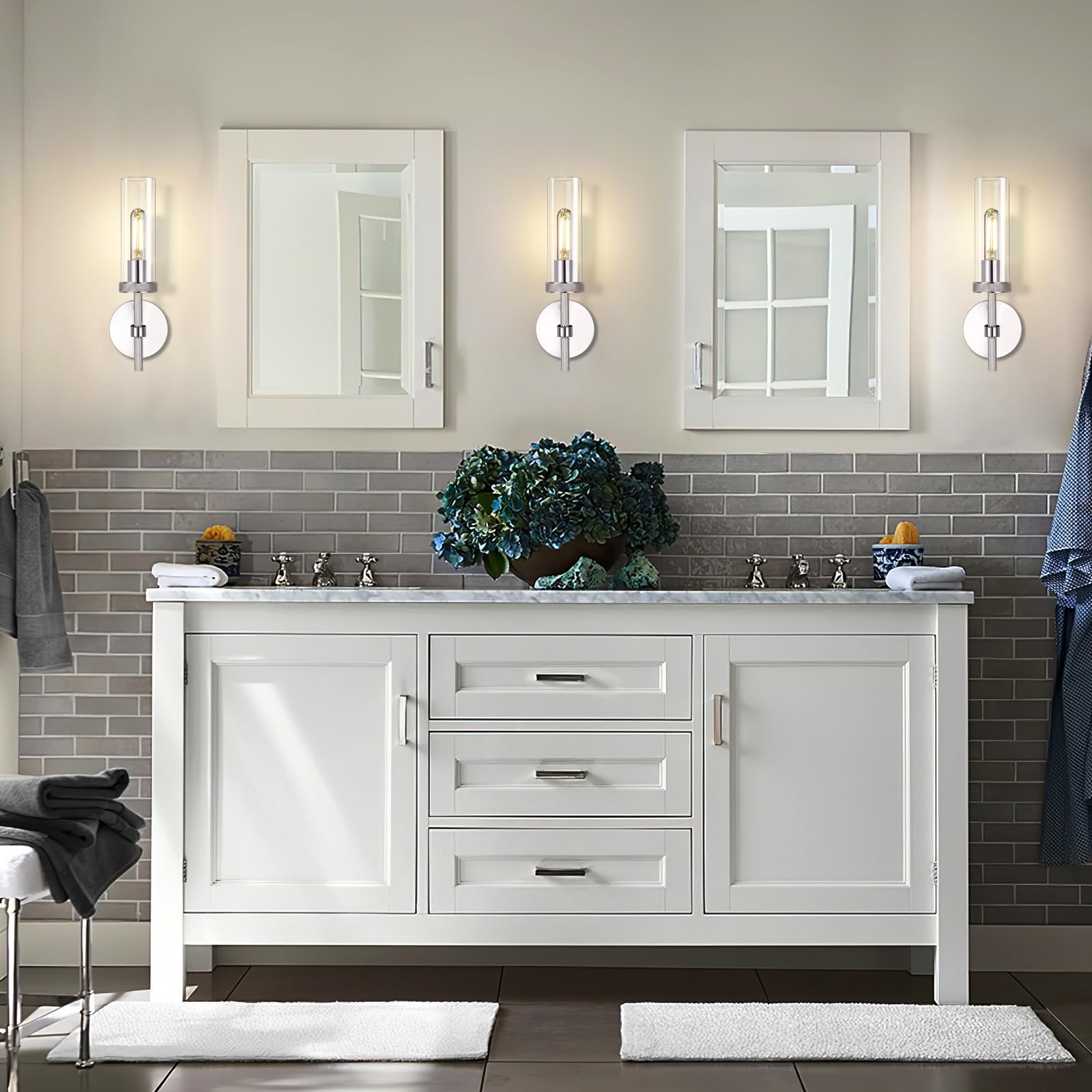 Chrome Knurled Wall Sconces Set Of Two, 14'' Sconces Wall Lighting Indoors, Bathroom Vanity Light Wall Sconces, Wall Lights For