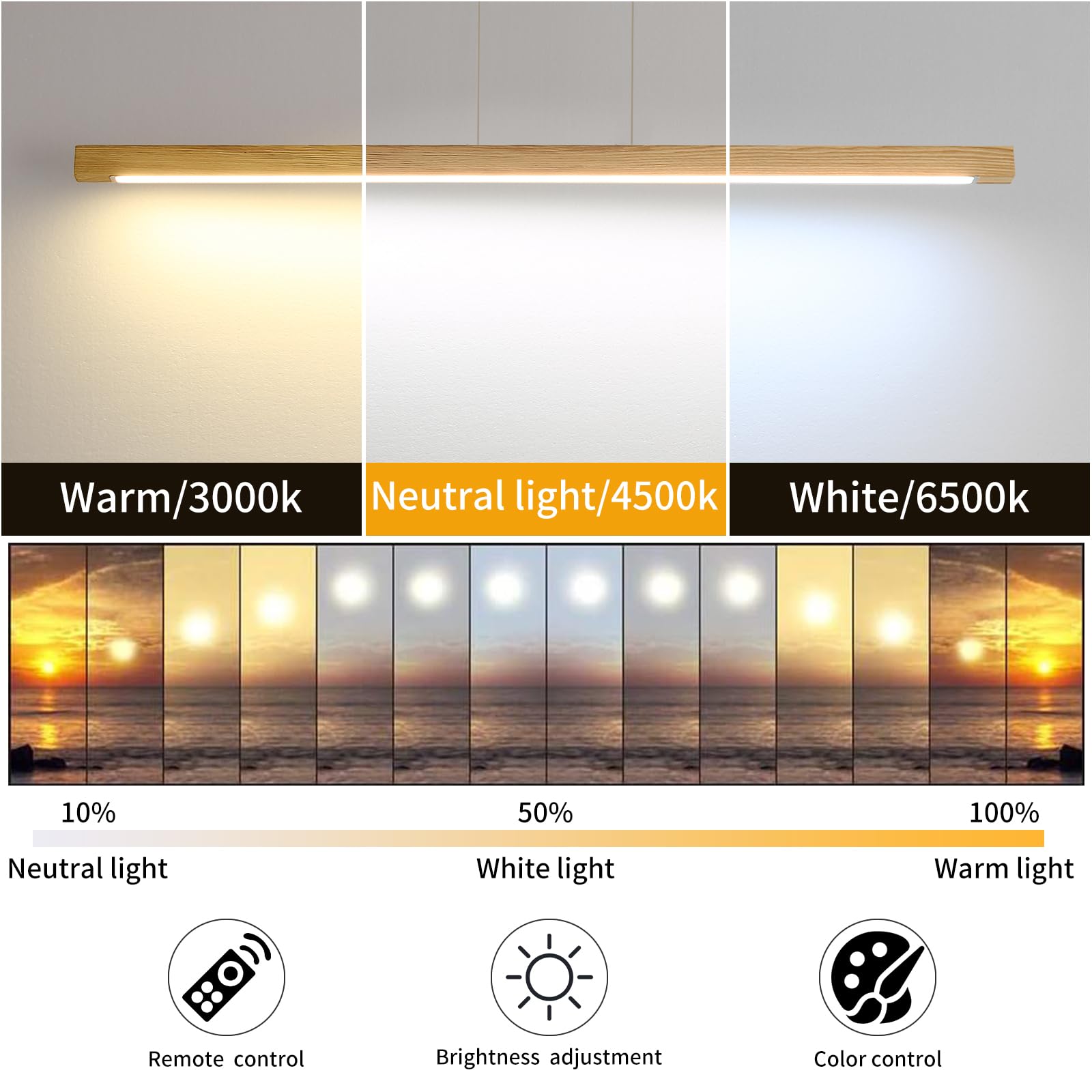 Wooden Linear Pendant Light, 39'' Modern Chandeliers For Dining Room, Dimmable Pool Table Island Lights For Kitchen, Led Ceiling