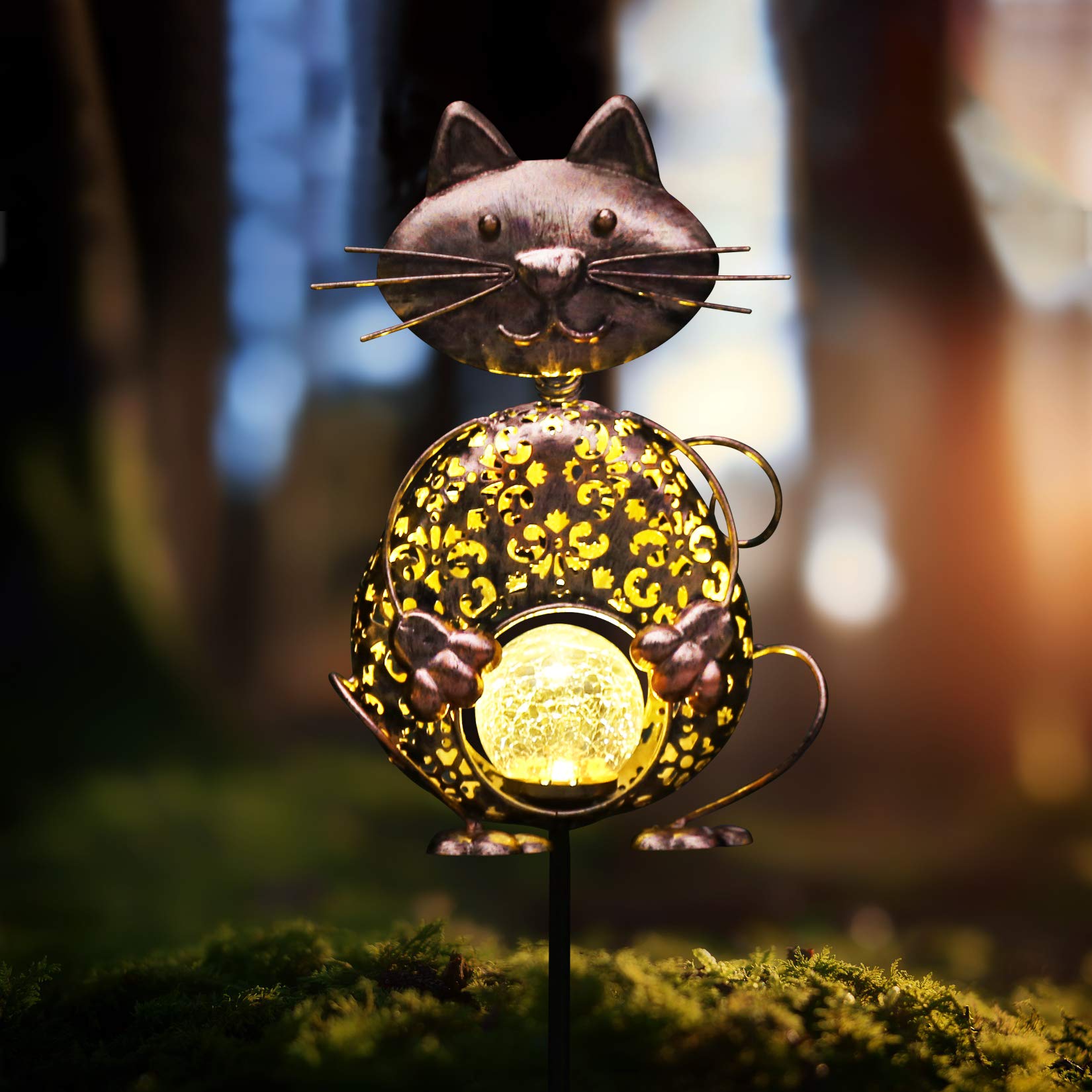 KAIXOXIN Solar Garden Lights, Waterproof Warm White LED, Metal Cat Design, Cat-Bronze