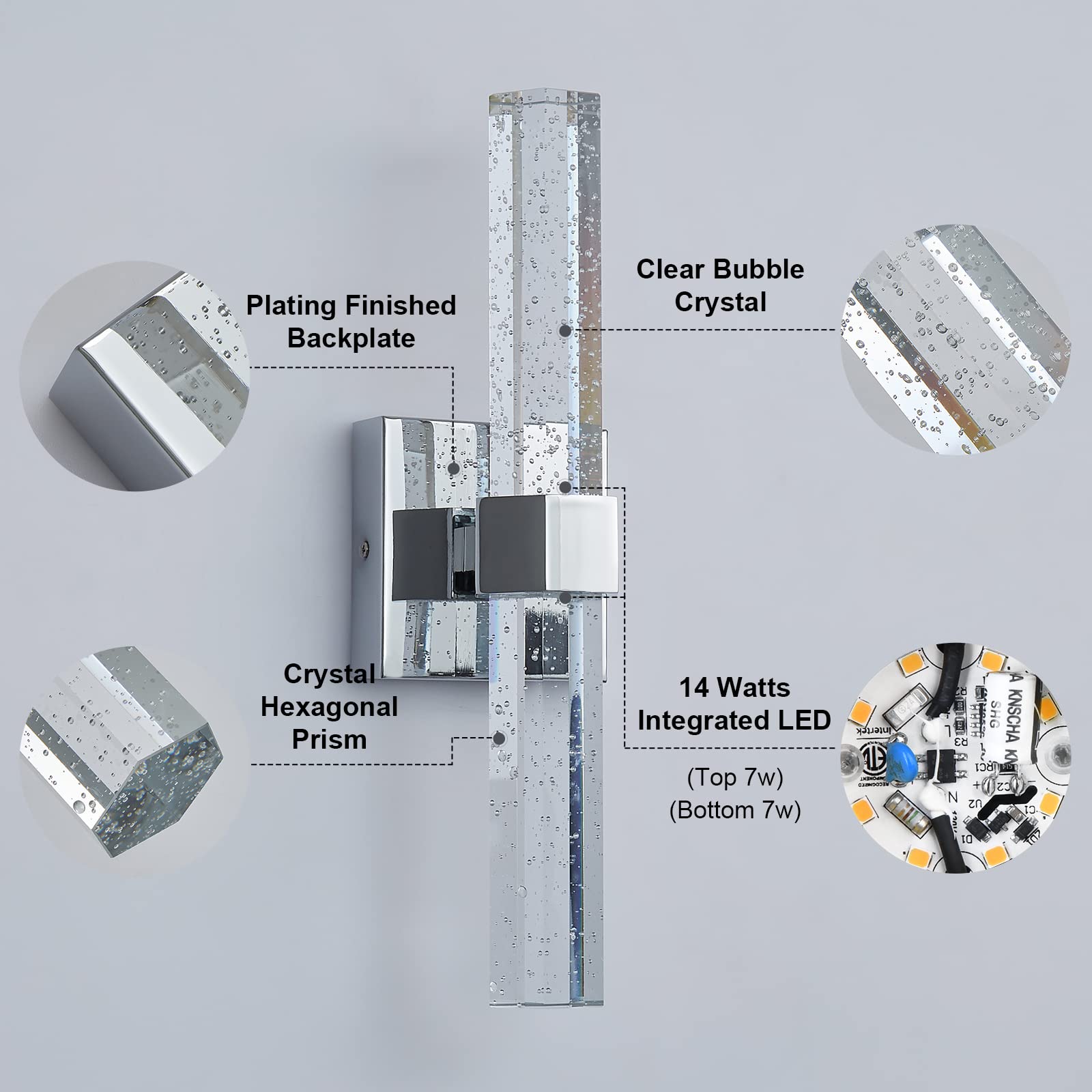 Epinl Wall Sconces Set Of Two - Crystal Sconces Wall Lighting 14W Dimmable Led Bathroom Vanity Light Fixtures Chrome Bubble Wall