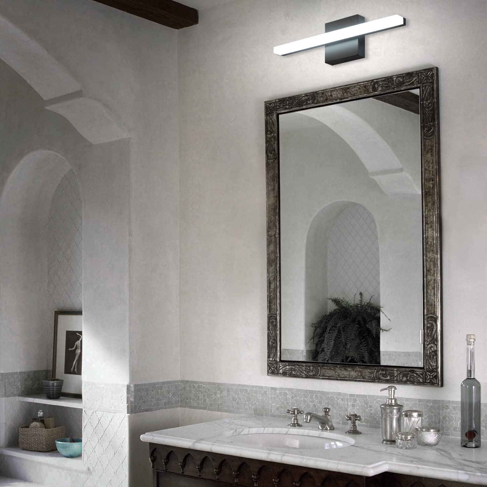 Combuh LED Bathroom Vanity Light Bar Dimmable 16Inch Black Acrylic 6000K Modern Sconce Model 4894773835053