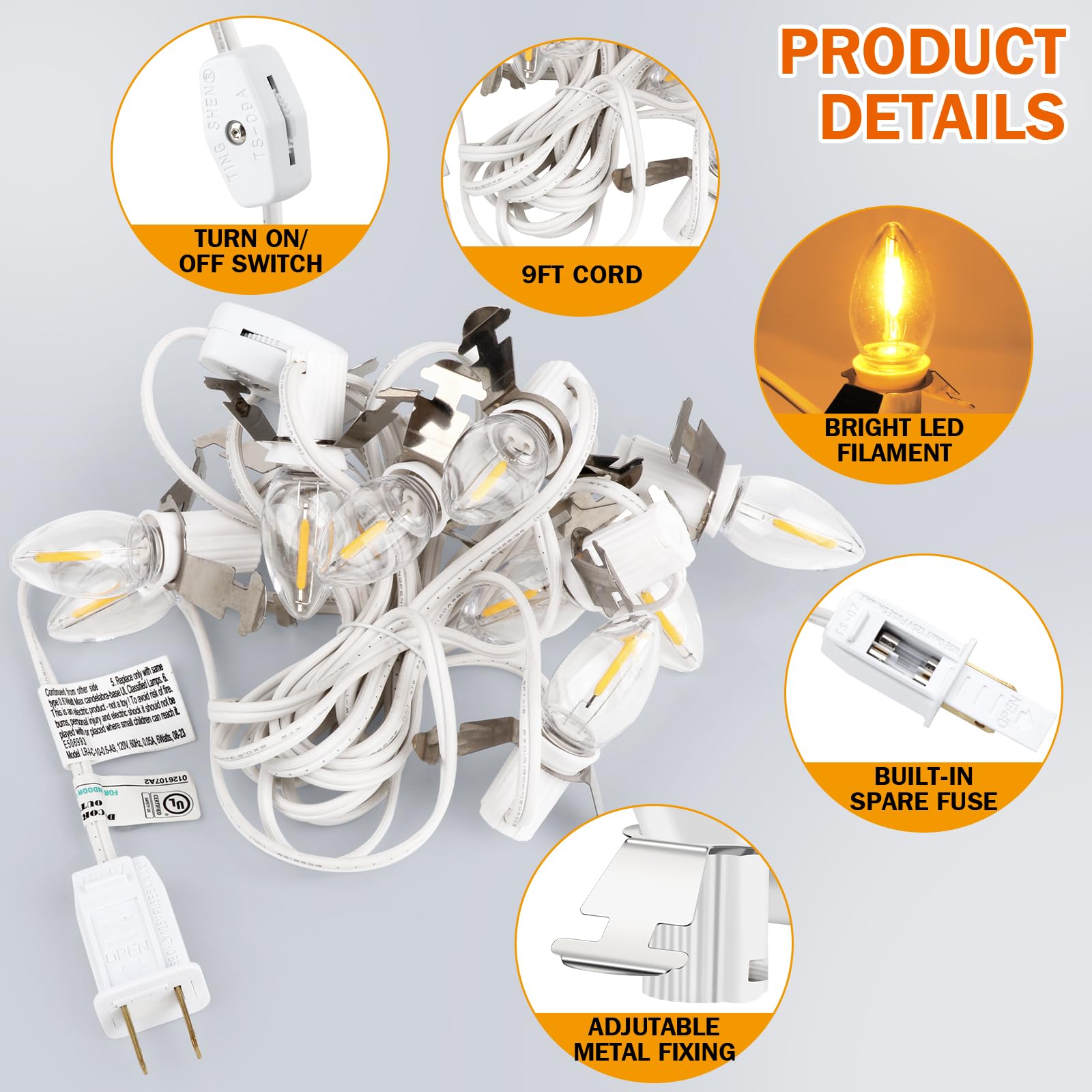 Sousery Christmas Village Lights - 10 LED Warm-White Bulbs, C7 Light Cord for Holiday Decorations, Model DP-3315, White