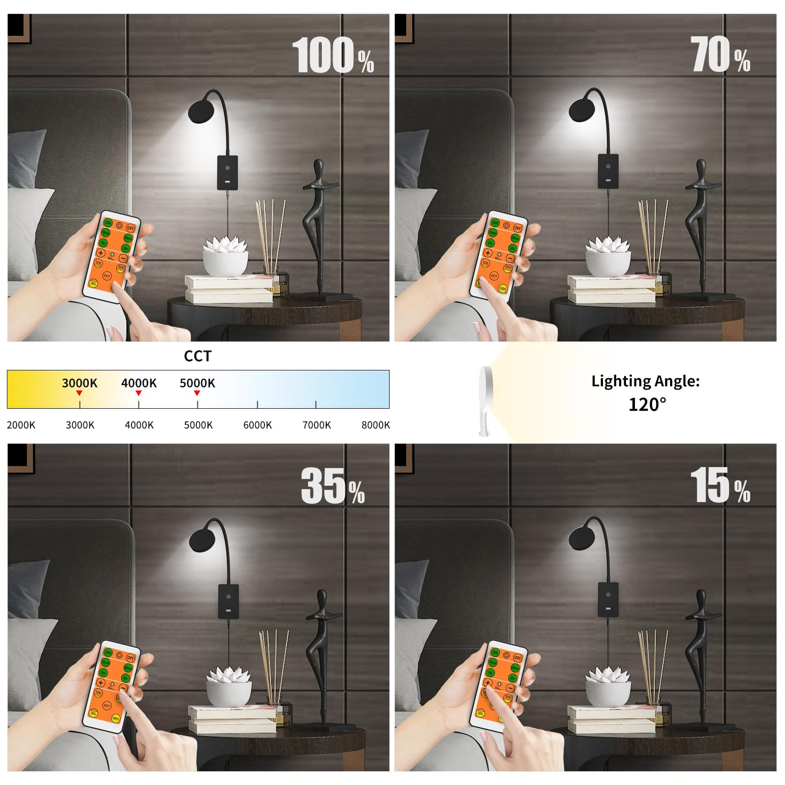 PRINCEWAY LED Reading Light with Remote Control, Dimmable 5W 500Lm, 3 Colors, Wall Mounted, Black, Model PRC-H014-12
