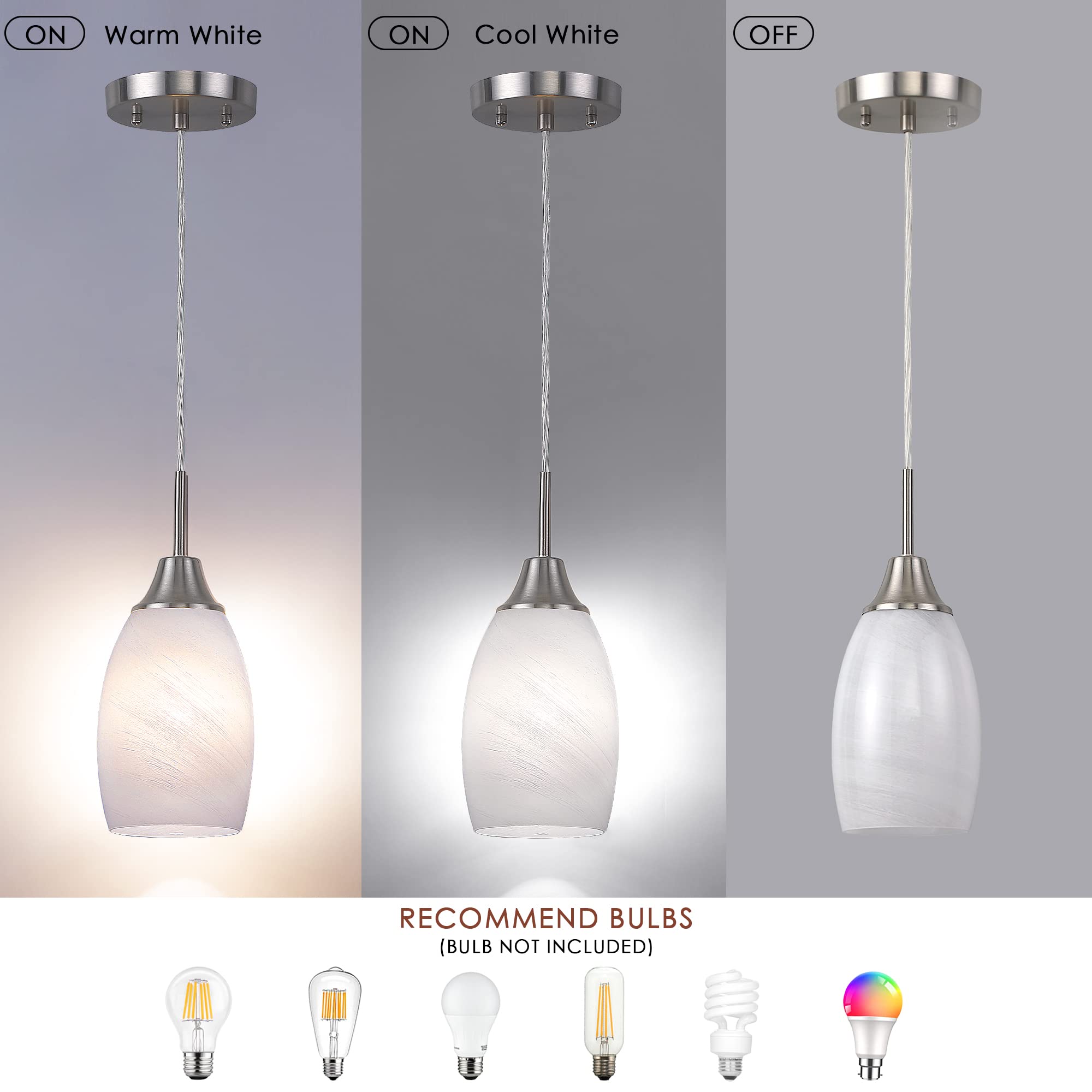 Viinew Mini Glass Pendant Light, Handblown White Swirl Art Glass, Adjustable Cord, Brushed Nickel, 4.72in, 1-Pack