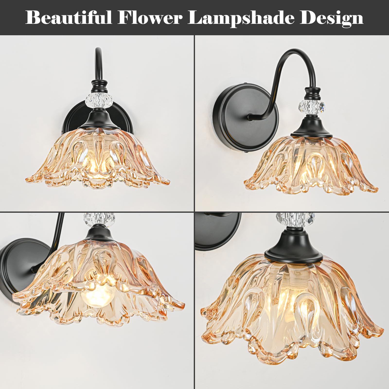 sunkryster Black Wall Sconce - Vintage Bathroom Lighting, 1-Light, Floral Amber Glass Shade, Metal, Model Sun-104AB-1-Black-Amber