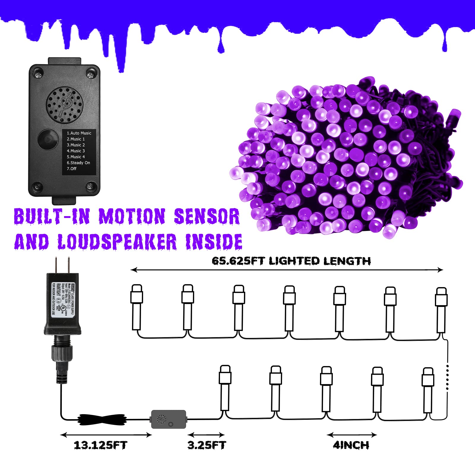 PEIDUO Purple String Lights, 82 FT 200 LED, Motion Sensor, Twinkle Fairy Lights for Halloween Indoor/Outdoor Decor