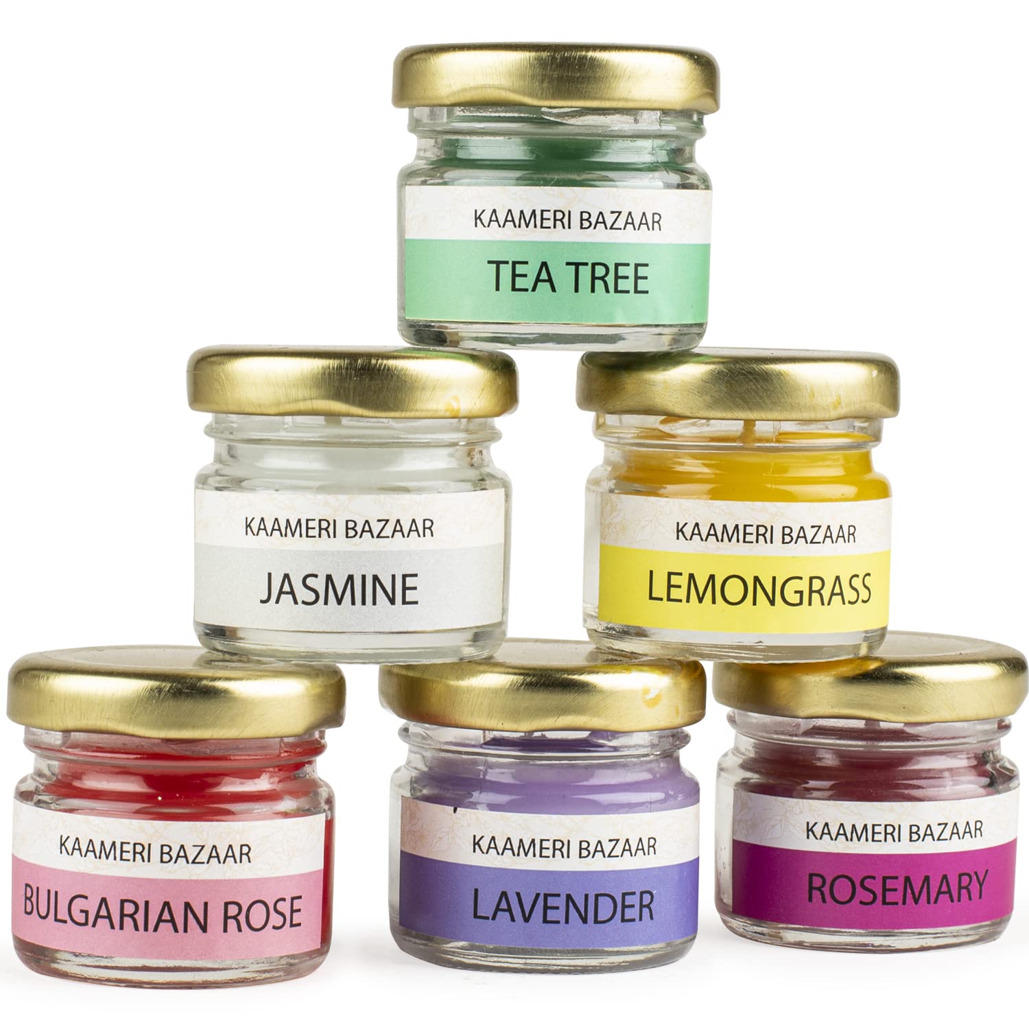 Kaameri Bazaar Scented Candles - Tea Tree, Jasmine, Lemongrass, Rose, Lavender, Rosemary Set of 6 Jar Candle - Gift for Brother