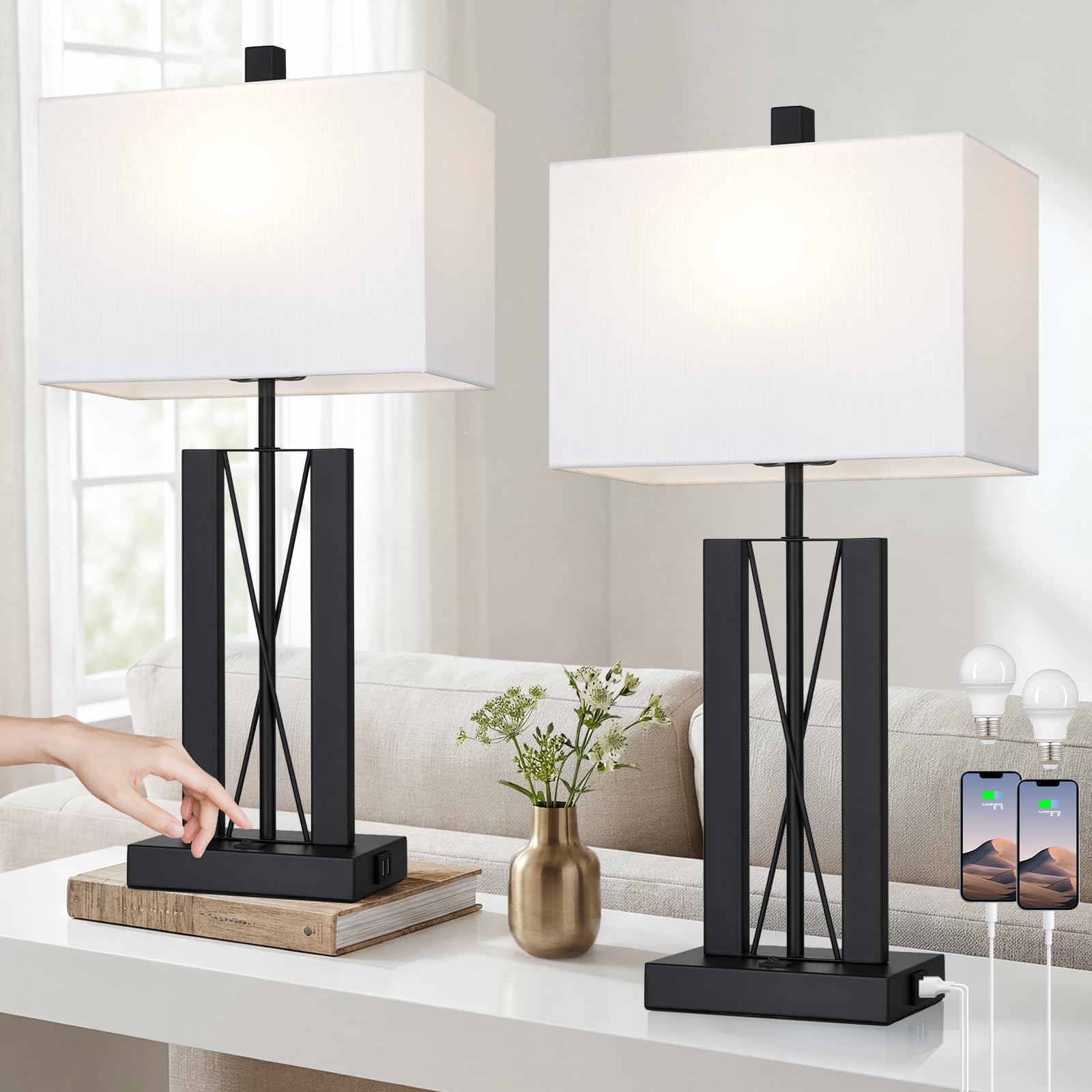 Lolikit 25 Table Lamps for Living Room Set of 2, Modern Table Lamp with 2 USB Charging Ports, Nightstand Geometric Bedside Lamp 