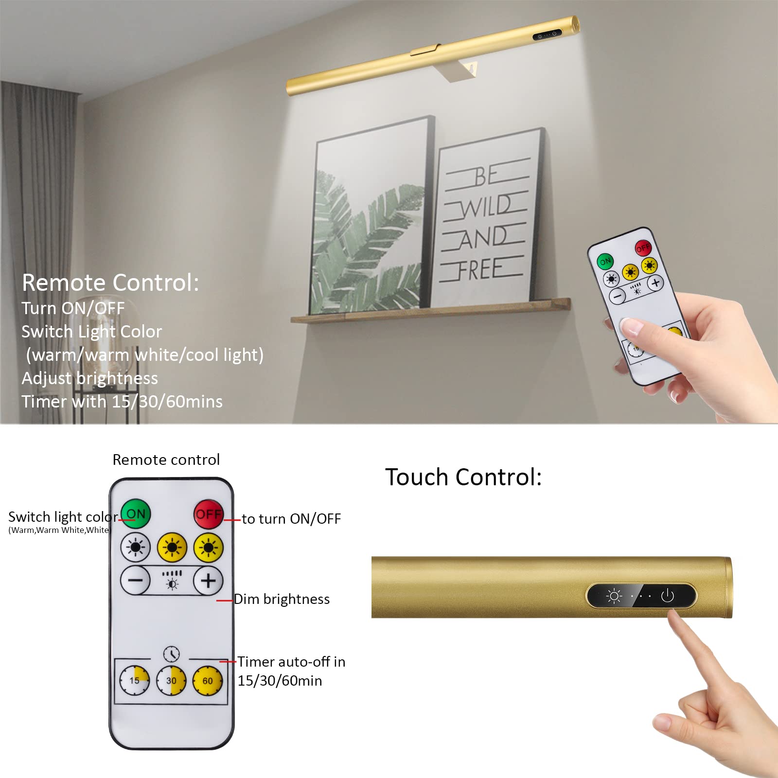 VIGMOJ Wireless Picture Light - 19.7" Battery Operated Metal Lamp, Dimmable with Remote Control, Gold Finish, Model 50gold