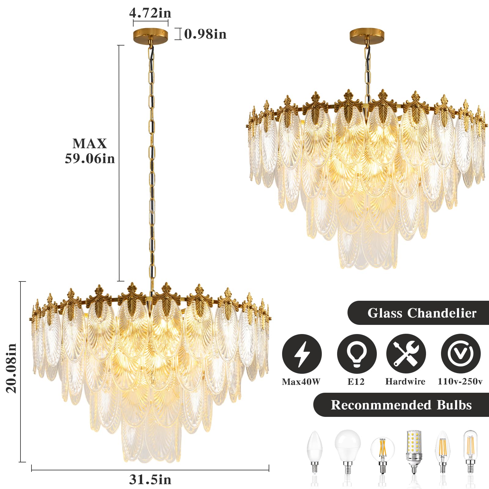 KELUOLY Modern Crystal Chandelier, 12 Light Round Pendant, 31.5" Gold Glass, Adjustable Height, Model XY-LW1017-Y80J