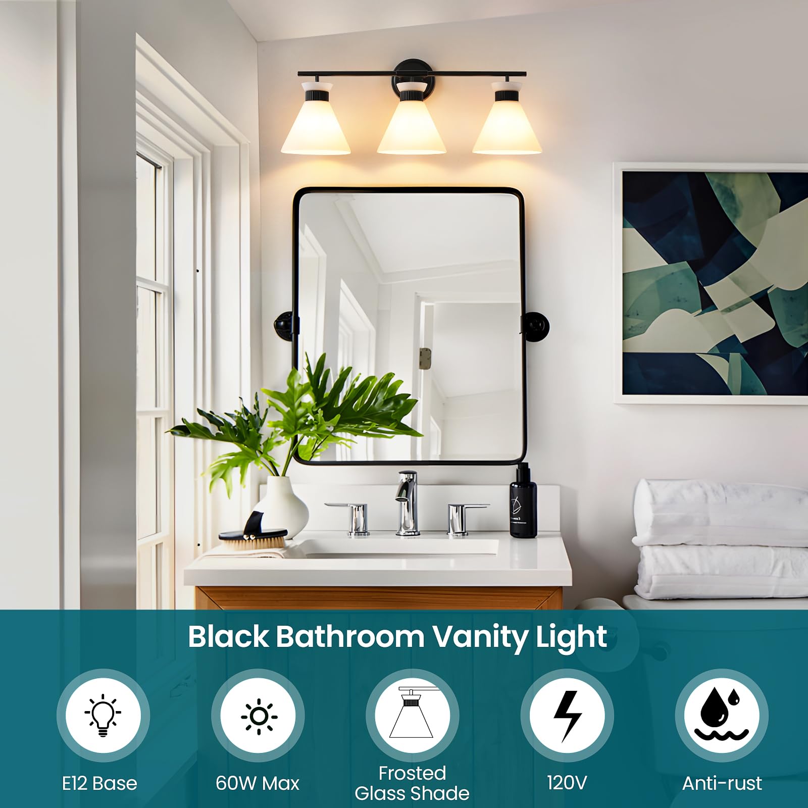 Black Bathroom Vanity Light Fixtures: Bathroom Lighting Fixtures Over Mirror 23.4 Inch With Milky White Frosted Glass, 3-Lights