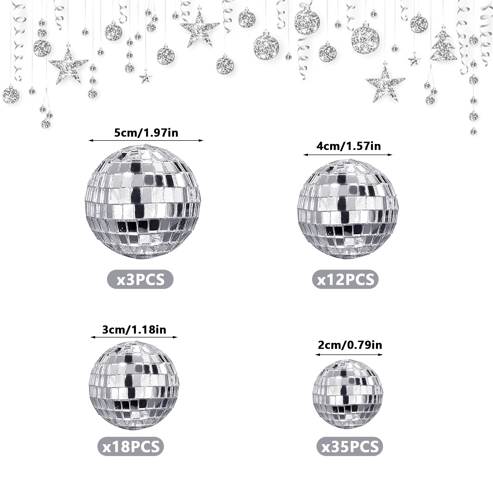 68 PCS Disco Ball Cake Decoration Ornaments Reflective Mirror Ball Cake Decoration 70s Disco Themed Party Decoration Silver Disc