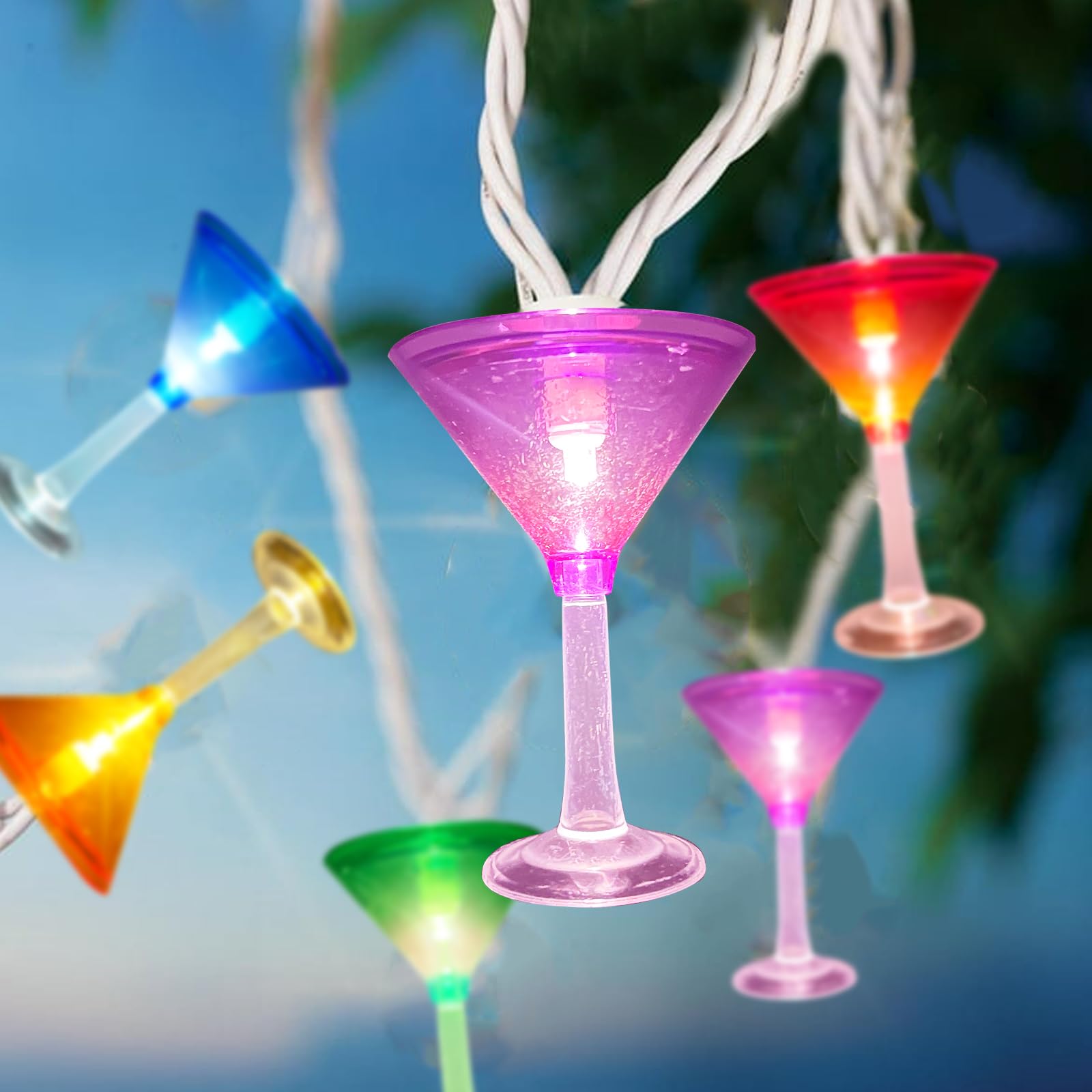 Cocktail Glass String Lights - Summer Theme Outdoor Decoration With 10 Colorful Margarita Lights, Plug-In Beverage Cups Fairy Li