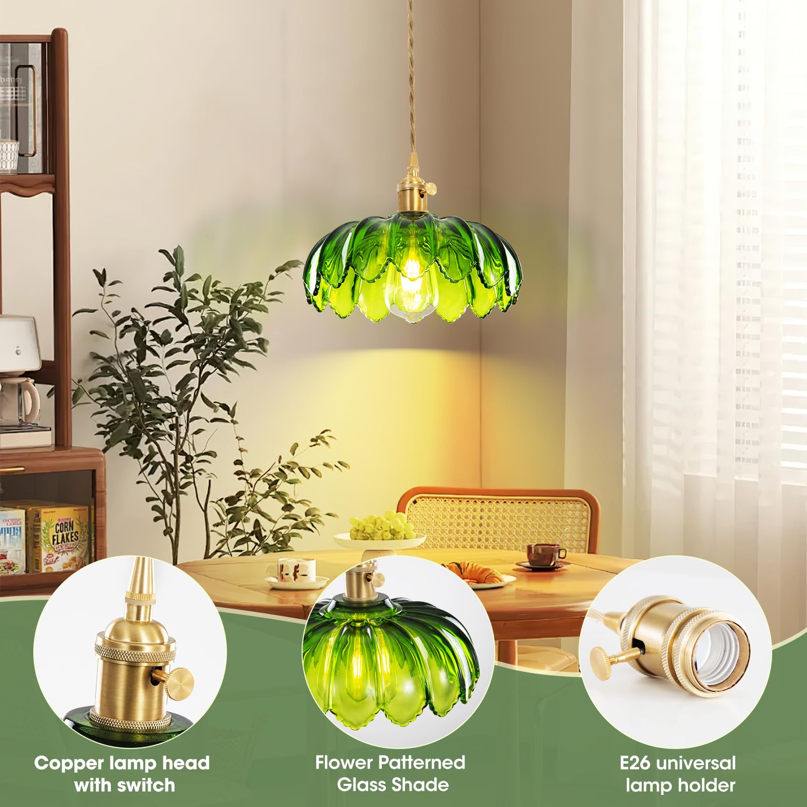 Beser·Win Green Glass Pendant Light - E26 Hanging Fixture with Plug-in Cord for Kitchen, Bedroom, Dining Room - Model PDL-006